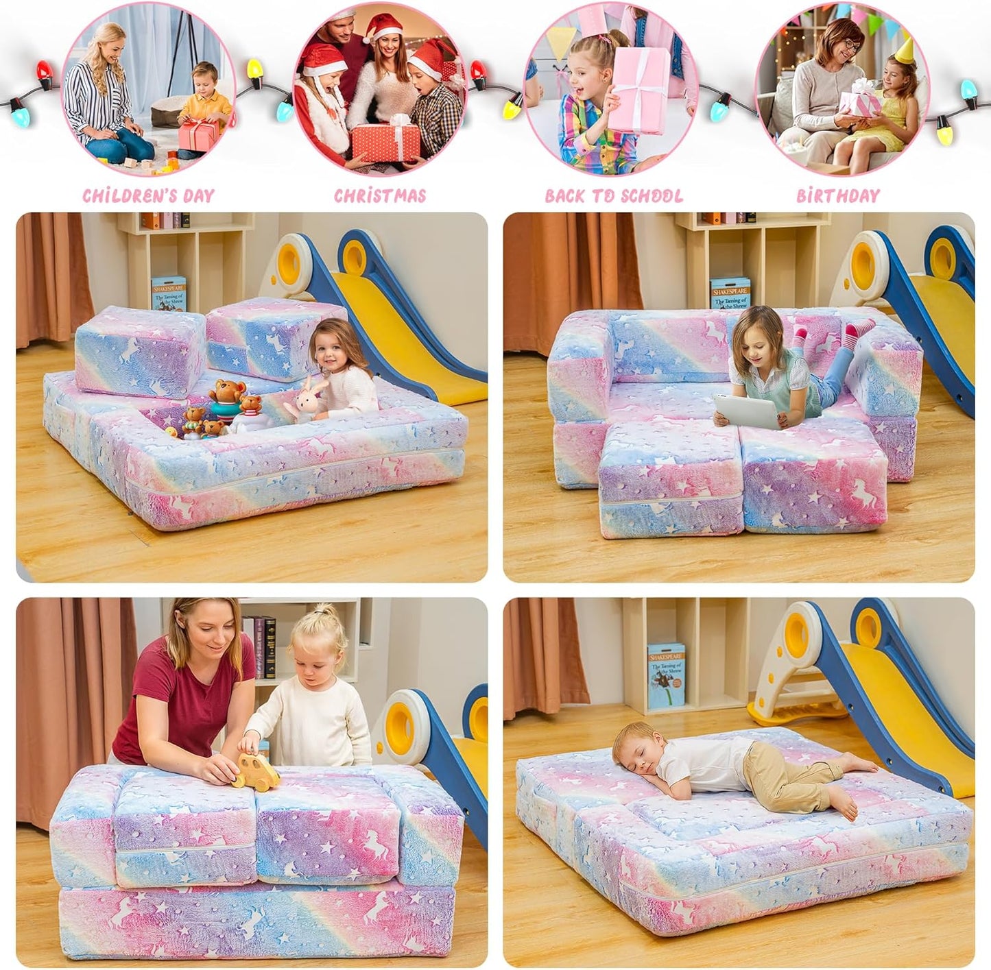 Lamerge Toddler Couch Glow in The Dark Toddler Fold Out Couch for playroom, Convertible Baby Fold Out Play Foam and Floor Cushion for Bedroom (Rainbow+Unicorn)