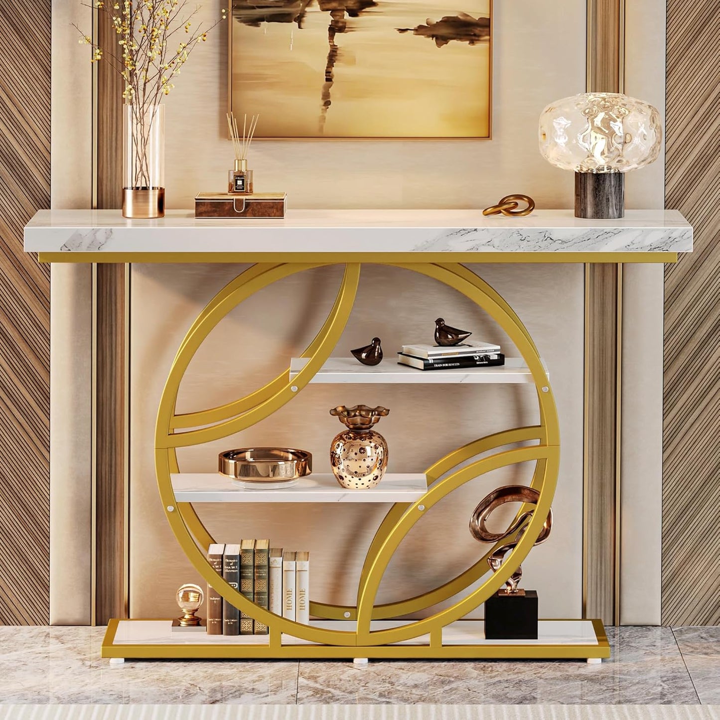 Huuger 47.2 Inch Entryway Table with Marble Top, Modern Console Sofa Table, Accent Table with Shelves, for Entry, Hallway, Entrance, Foyer, O-Shaped Metal Frame, White Marble & Gold