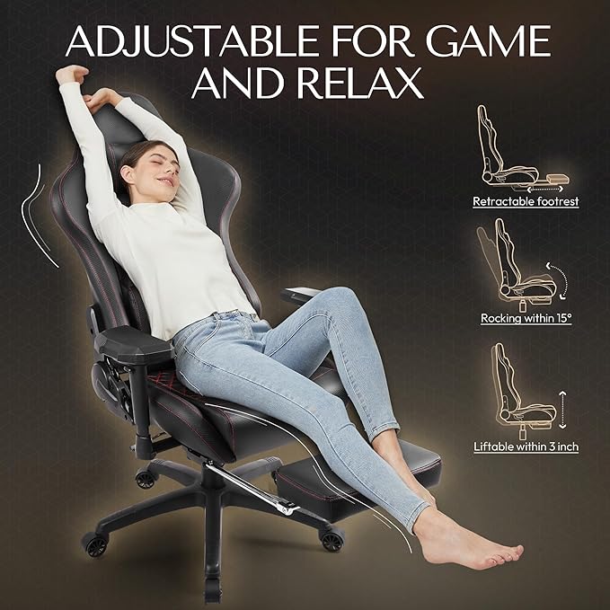 Dowinx Gaming Chair Big and Tall, Ergonomic Computer Chair with 4D Armrests and Footrest Massage Lumbar Support, High Back Comfortable Gamer Chair for Adults 350Lbs PU Leather for Office Game, Black