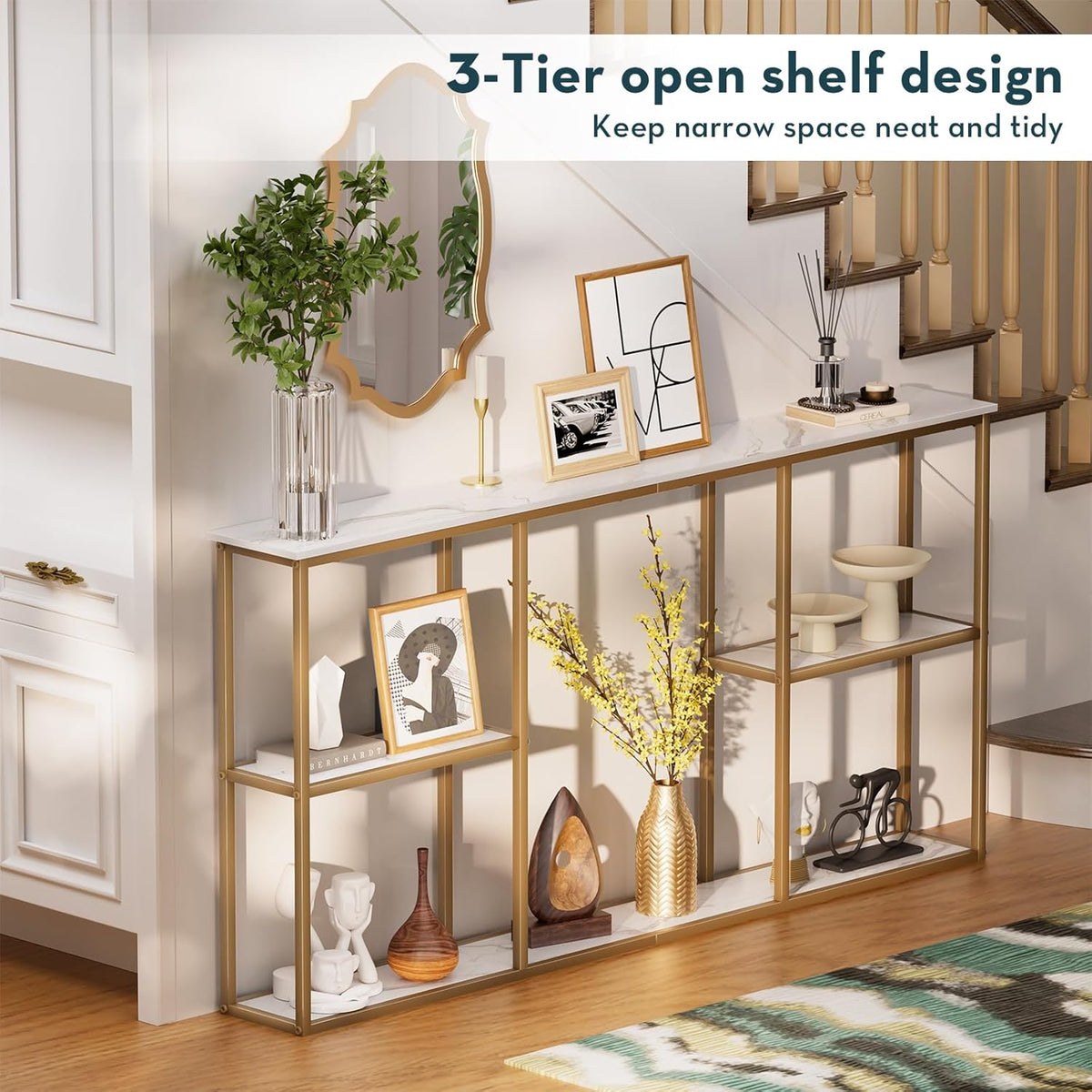 WOHOMO Gold Console Table,3-Tier Small Entryway Table for Hallway, Narrow Sofa Table Behind Couch for Living Room,Entrance(63 inch)