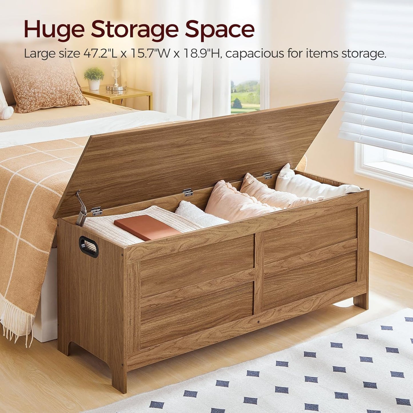 Storage Chest, 47.2” Large Toy Chest, Entryway Storage Trunk, Storage Bench with Safety Hinge, Entrance Bench for Living Room, Entrance, Bedroom, Honey Brown SCOR48901