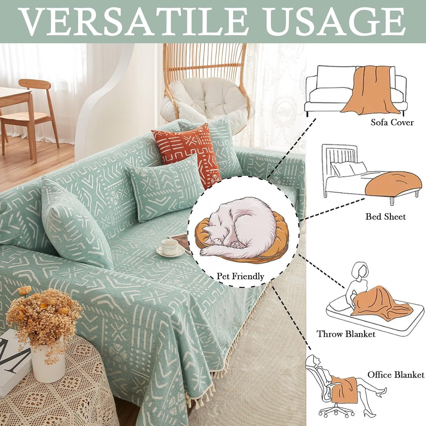 HANDONTIME Farmhouse Couch Cover Tassel Light Green Sofa Covers for Dogs Boho Dรฉcor Geometric Aztec Couch Cushion Cover Sofa Protector Cover Sectional Couch Covers for 3 Cushion Couch, 71" X134"