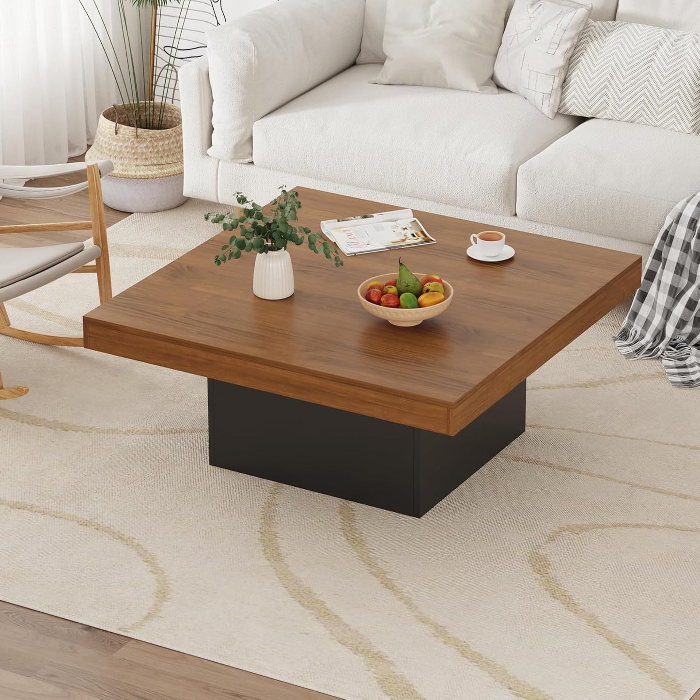 GarveeHome Square Coffee Table with Led Lights, 35 inch Living Room Tables, Modern Coffee Tables with Plug-in 16-Color LED Lights, Cocktail Table for Home Office, Apartment, Reading Room
