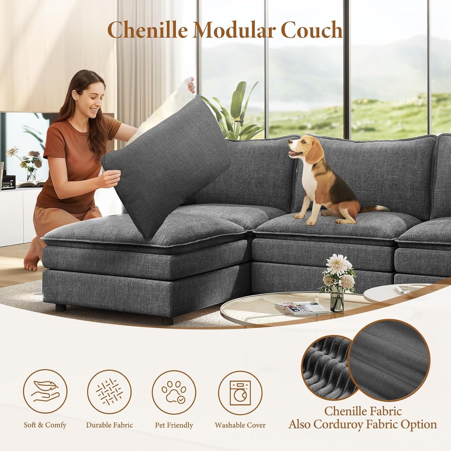 Vesgantti 108" Modular Sectional Sofa, Comfy Cloud Couch with Movable Ottoman Deep Seat Chenille L Shaped Modular Sofa, Sectional Couches for Living Room, Bedroom and Apartment, Gray