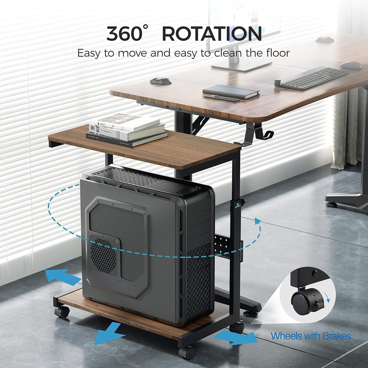 EUREKA ERGONOMIC PC Stand Computer Cart, Height Adjustable Tower Stand 2-Tier Suit for ATX Case Printer, Metal Rolling Cart on Wheels for Gaming Home Office, Walnut