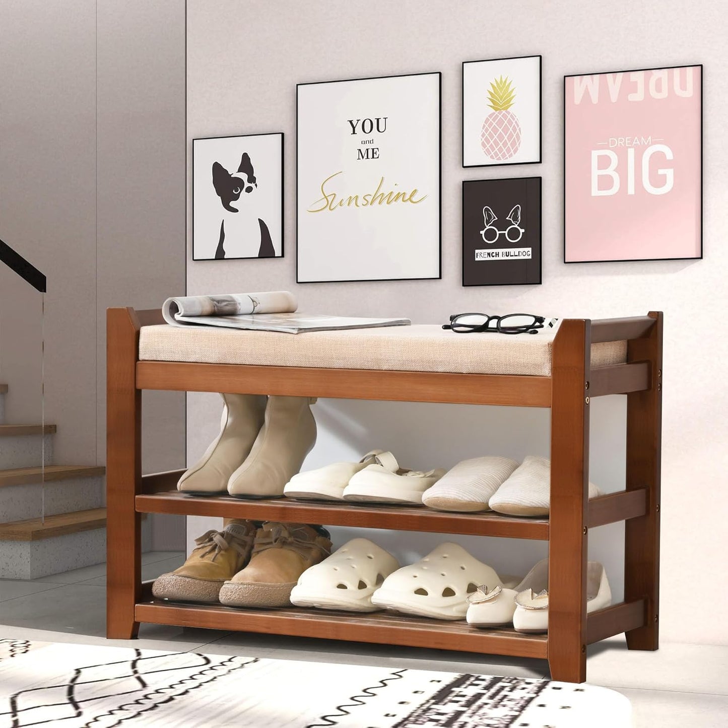 Shoe Rack with Cushion for Font Door Entrance, 27.6 in Shoe Bench with Storage for Entryway, Hallway, Bedroom, Living Room