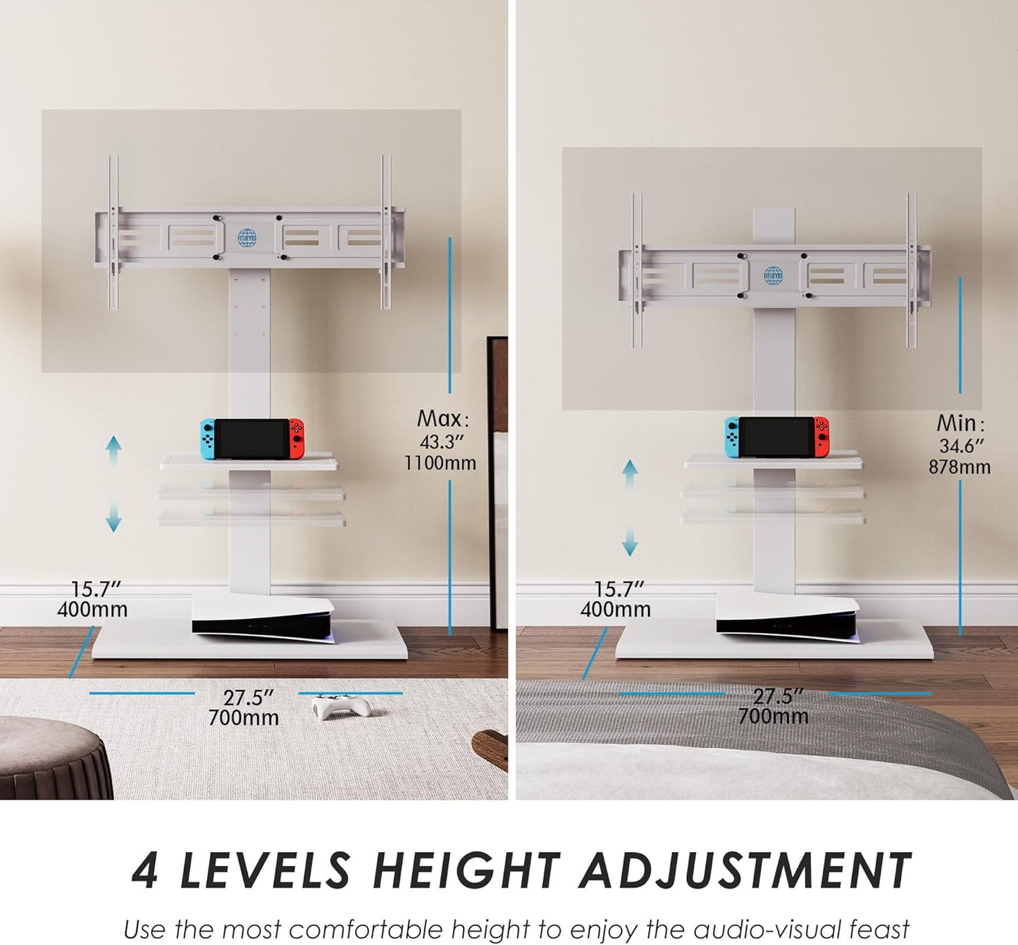 FITUEYES Floor TV Stand Iron Base with Swivel Mount for 50-85 Inch Large LCD/LED TVs Adjustable Shelf Tall Corner TV Stands for Bedroom and Living Room Hold Up to 110 lbs Black