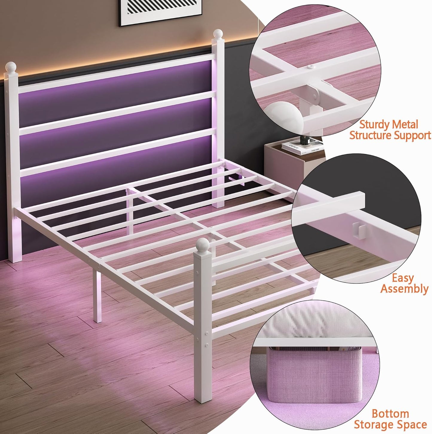 Queen Bed Frame with Headboard and Footboard,Steel Slats Support-LED Bed Frame with USB Charging Station,Mattress Foundation-Under Bed Storage,No Box Spring Needed,Noise Free,White