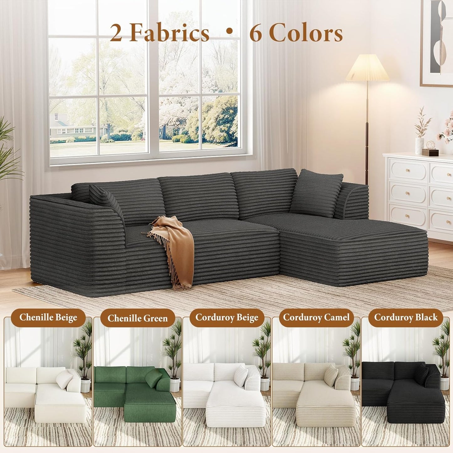 Vesgantti 106" Modular Sectional Sofa with Chaise, Deep Seat Comfy Cloud Couch Corduroy L Shaped Sofa Sectional Couches for Living Room Bedroom, No Assembly Required (Grey, Right-Facing Chaise)