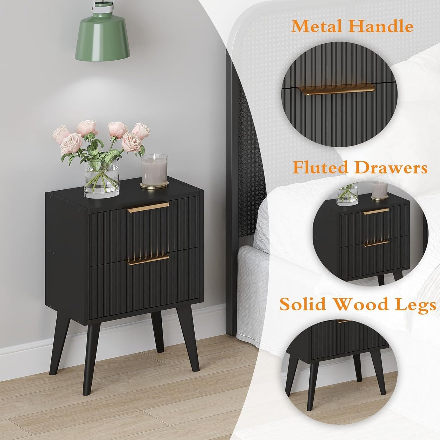 Fluted Nightstand with 2 Drawers,Modern Bedside Table with Metal Handles,White Side Table with Solid Wood Legs,Mid Century End Table for Living Room,Bedroom,Black CTG55BK