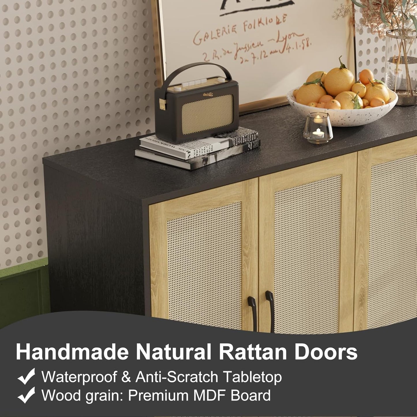 Storage Cabinet with Rattan Trim - 4 Door Sideboard Buffet Cabinet with Storage, Accent Cabinet with Shelves for Bathroom, Coffee Bar, Kitchen, Living Room, Hallway (Black)