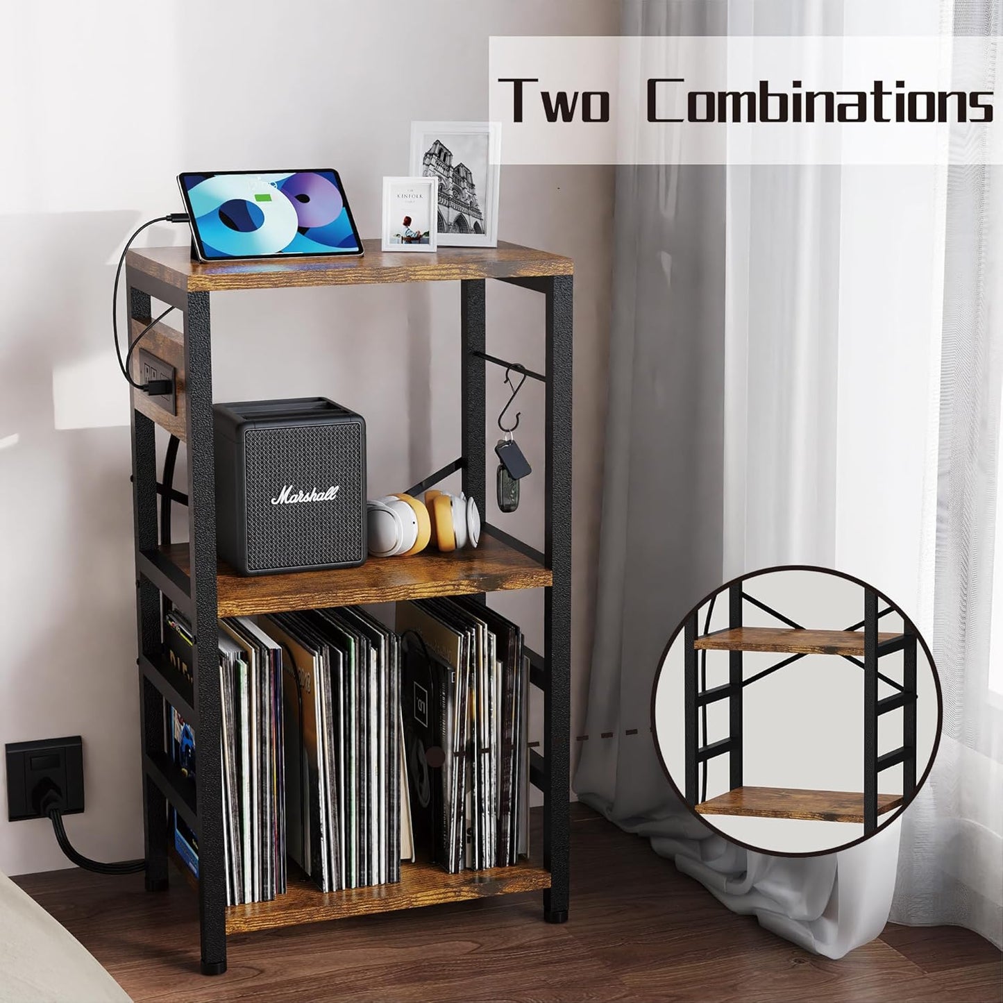 End Table with LED Light,Record Player Stand with Charging Station,Vinyl Records Storage,Turntable Stand Albums Storage for Music Room Studio-Modern Brown