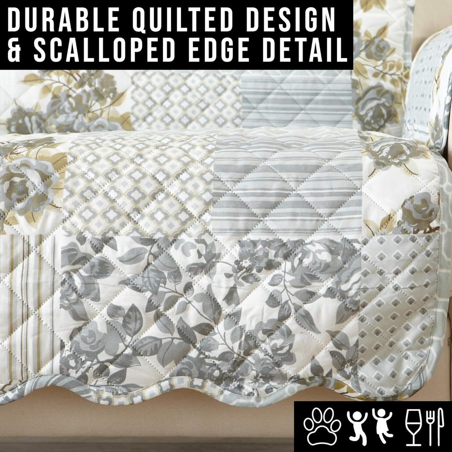 Patchwork Scalloped Printed Furniture Protector Stain Resistant Chair Cover (Chair, Grey)