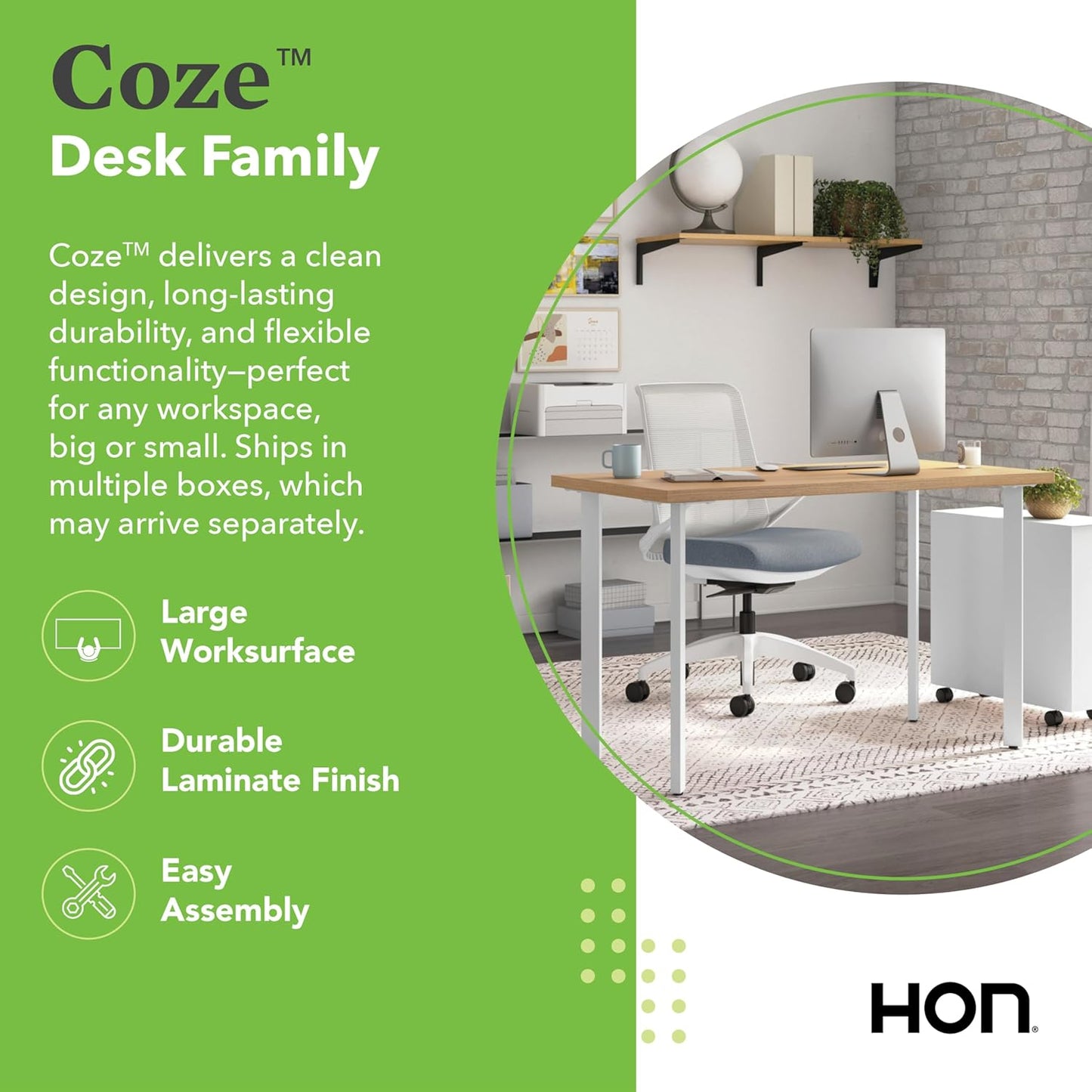 HON Coze Home Office Desks, Sturdy Table Computer Desk, 42", Natural Recon Top, Silver Base