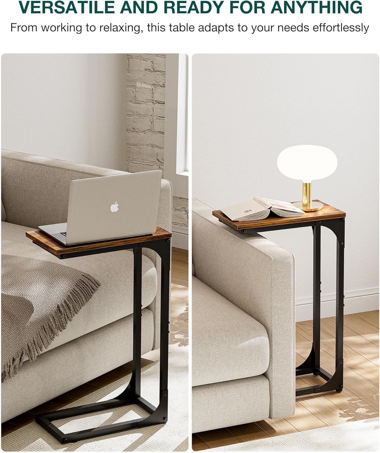 C-Shaped Side Table for Couch - Small Coffee Stand Sofa Tray Desk with Sturdy Metal Frame and Waterproof Scratch Resistant Wood Surface, Modern End Accent for Living Room, Bedroom,Rustic Brown