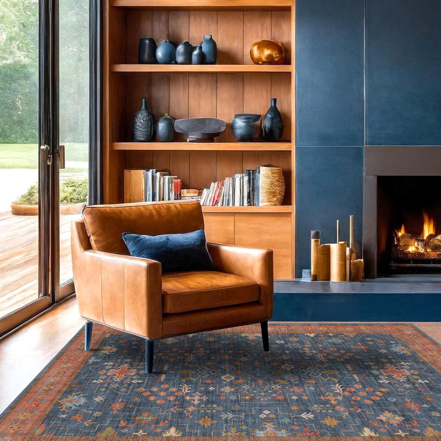 Washable Kitchen Rugs, 3x6 Area Rug for Large Entryway Indoor, Kitchen Mat, Small Rug for Living Room - Stain Resistant Non Skid Non Slip Rubber Backing, Boho Aethestic Décor (3x6 Navy Blue)