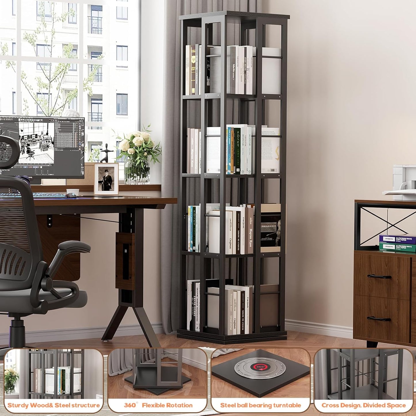 Aheaplus Rotating Bookshelf, 360 Display Wood Spinning Bookshelf, Floor Standing Bookcase Narrow Shelf Revolving Organizer Storage Rack for Small Space, Bedroom, Study Room, Black