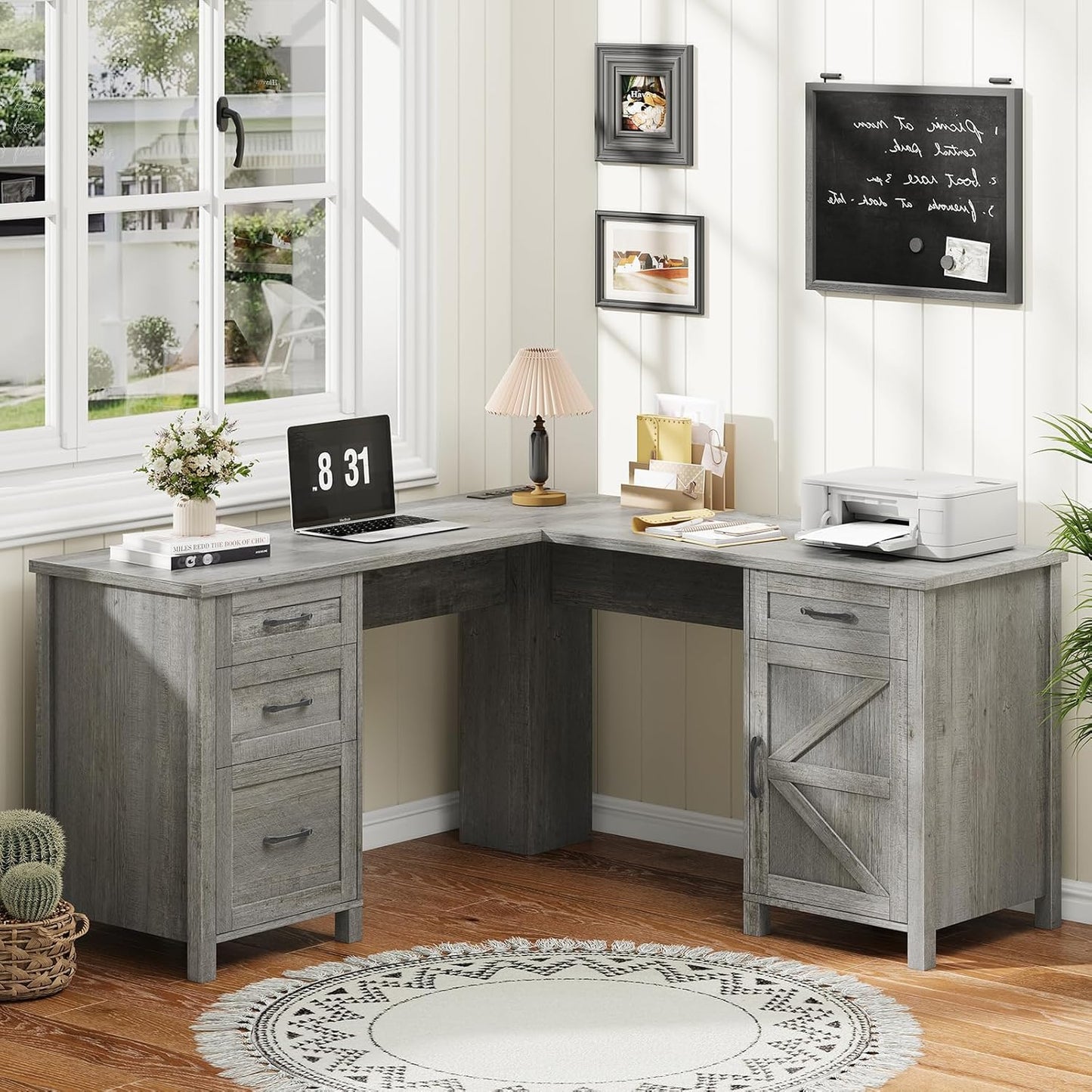 59” L Shaped Executive Desk with Power Outlets, Farmhouse Home Office Desk with Flie Drawer,Stroage Cabinet, Wood Corner Sturdy Writing Workstation.(Gray.