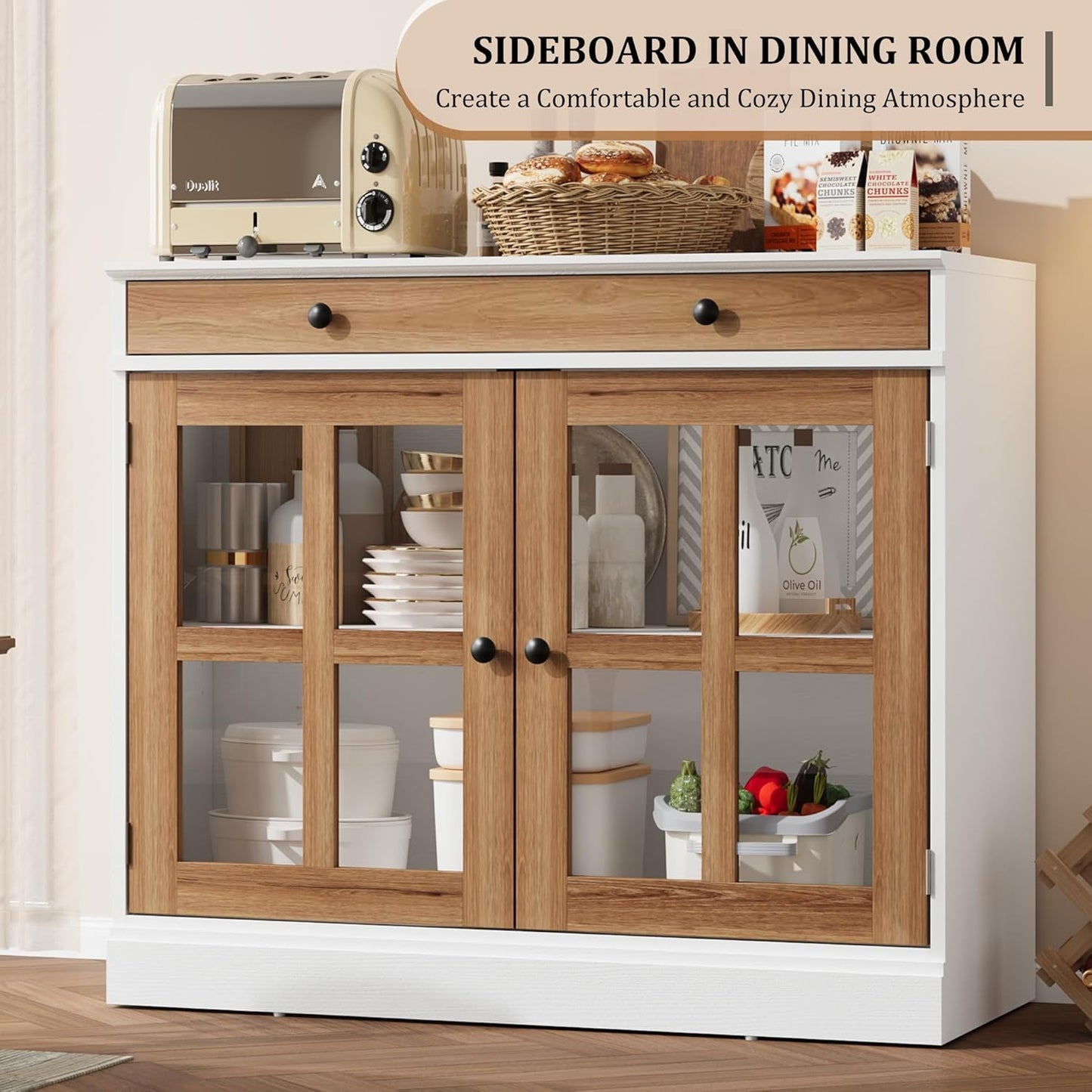 GarveeHome 35.4" Sideboard Buffet Cabinets with Glass Door, Buffet Cabinet with Storage, White&Brown Sideboard Cabinet with Drawer, Modern Buffets & Sideboards for Dining Room, Kitchen