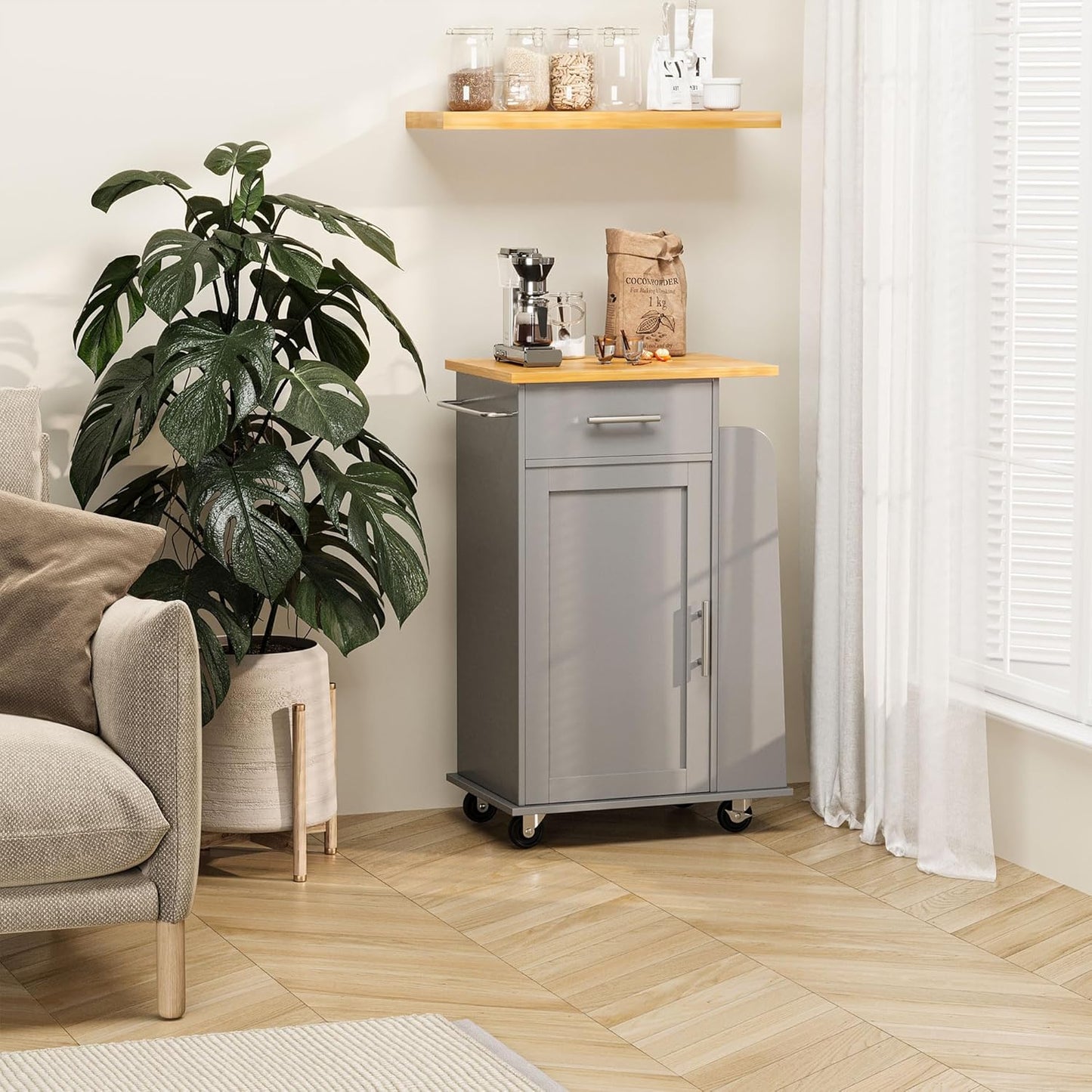 Shintenchi Small Kitchen Island on Wheels with 3-Tier Side Spice Rack and Rubber Wood Top, Trolley Cart with Storage Cabinet & Drawer and Handle/Towel Rack, Gray