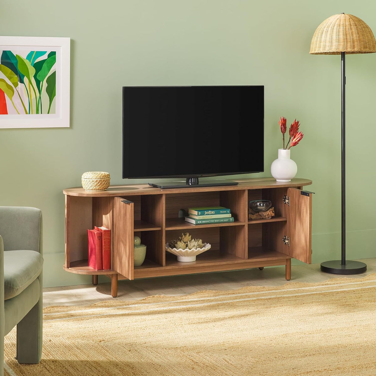 Walker Edison Modern Curved Reeded TV Stand for TVs up to 70 Inches, Credenza with Sliding Doors and Adjustable Shelves, TV Stand with Cord Management Cutout, 60 Inch, Mocha