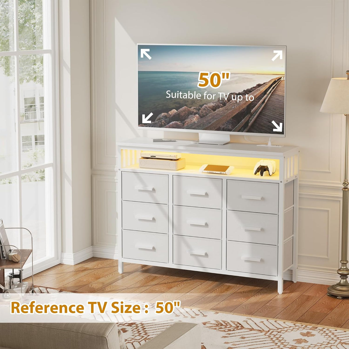9 Drawer Dresser TV Stand with LED Lights & Power Outlets, Entertainment Center with Open Shelf, Media Console for 50” TV, Large Storage Dresser for Bedroom (White)