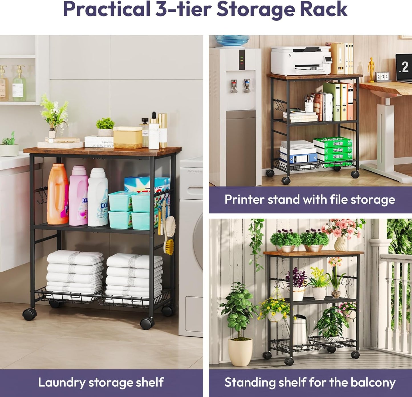 SWTYMIKI Rolling Kitchen Microwave Cart - 3 Tier Microwave Table Stand with Storage Basket and Hooks, Kitchen Utility Cart on Wheels, Coffee Cart Shelf Rack Organizer for Living Room Office, Balcony