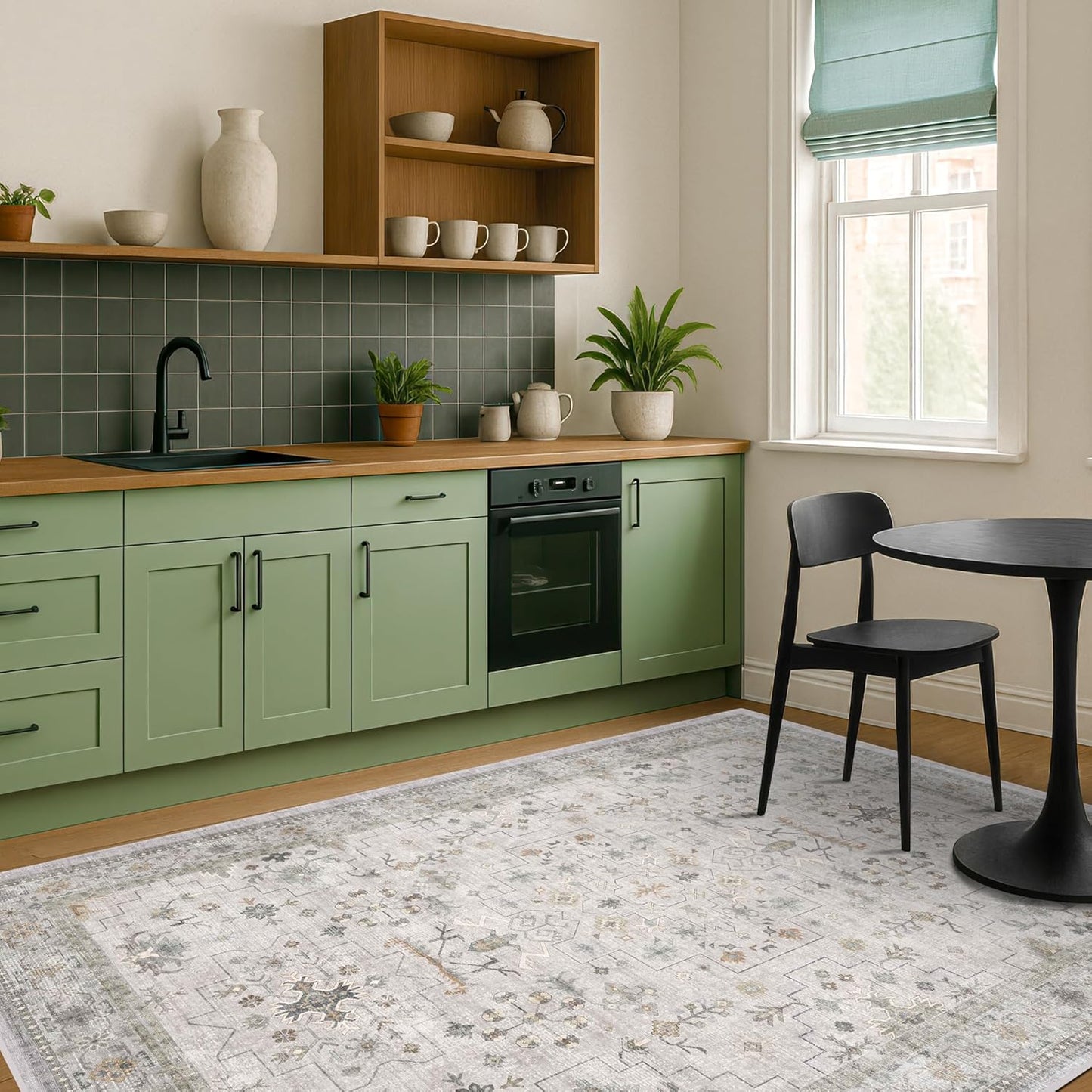 Boho Light Grey 5x7 Living Room Rug - Modern Vintage Eclectic Floral Pastel Neutral Taupe, Washable Low Pile Non-Slip Large Area Rugs for Nursery Dining Under Table Bedroom Lounge