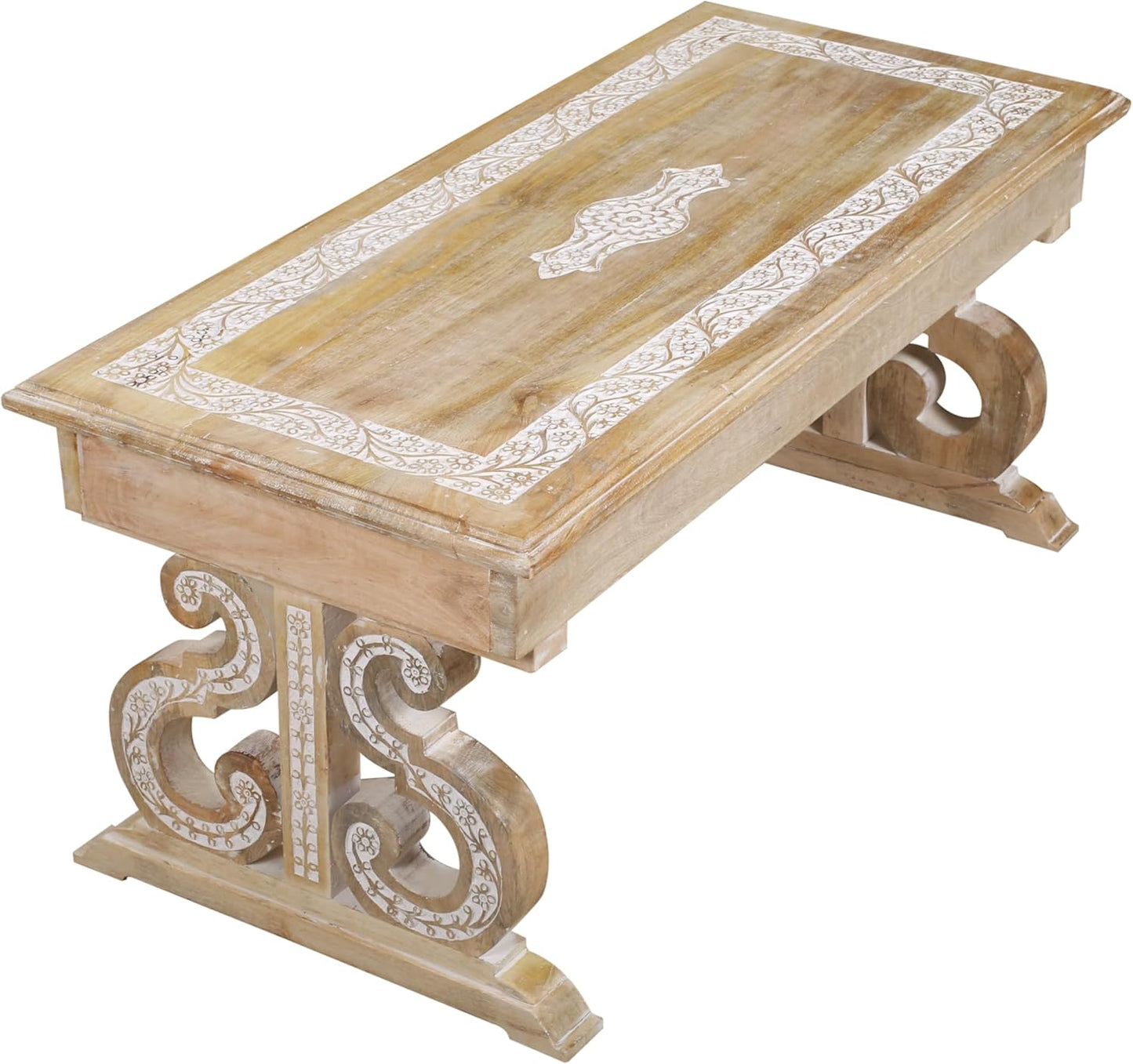 Lightnpro Mango Wood Rectangular Coffee Table - Living Room Center Table, Rustic Vintage Charm, Eco-Friendly Furniture, Reclaimed Wood - 40x18 Inch White Wash Finish