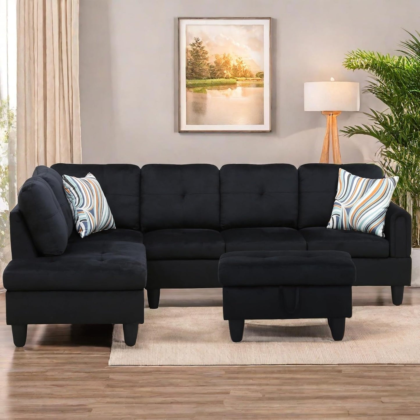 L Shaped Sectional Couches for Living Room, Modern Modular Sectional Sofa with Ottoman Storage, Comfy L Shaped Couch with Chaise for Bedroom Apartment Furniture, Black