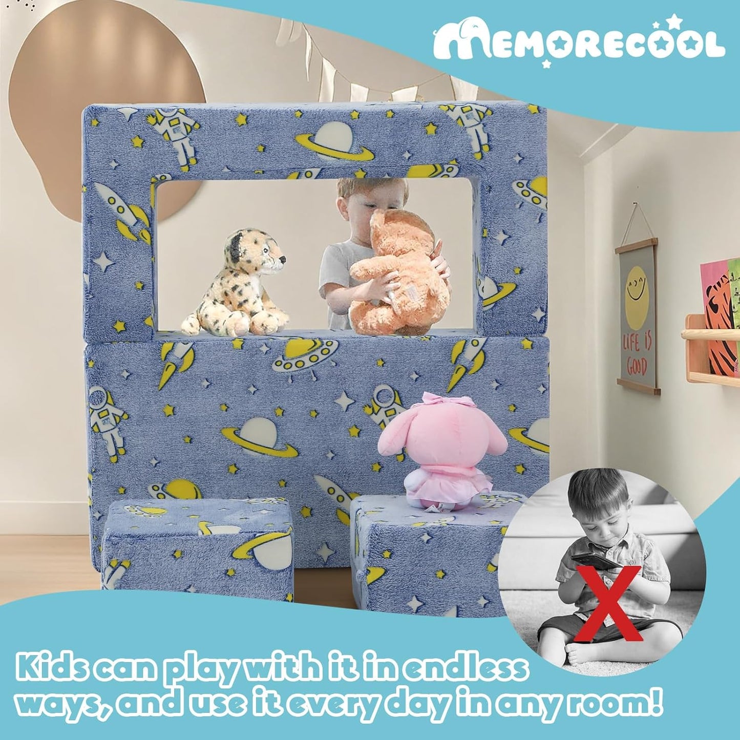 MeMoreCool Modular Kids Couch, Glow Play Toddler Couch for Bedroom Playroom, Convertible Foam Kids Sofa Bed, Fold Out Baby Sofa for Girl Boy, Denim Rocket