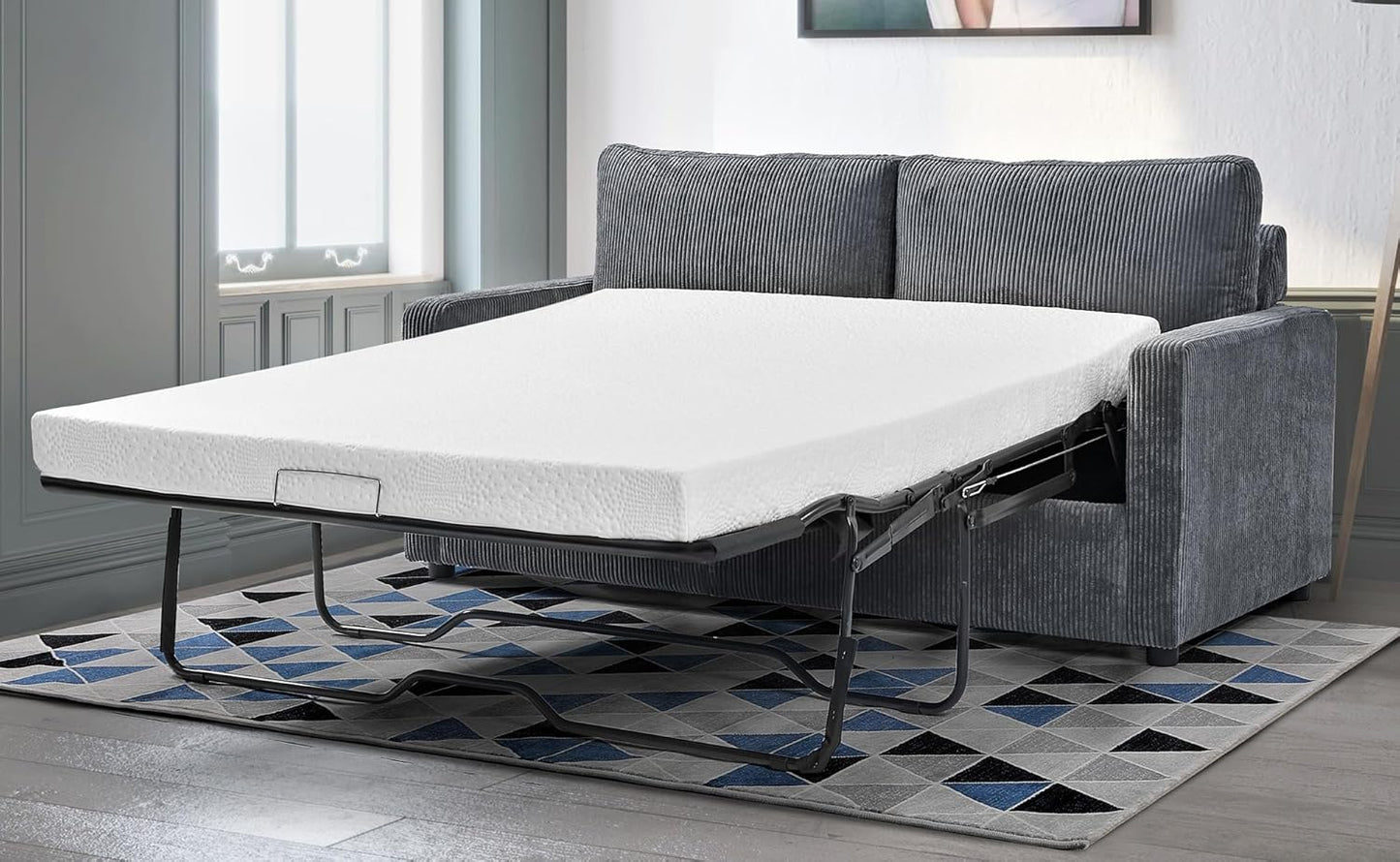 Reversible Sleeper Sofa Bed with Comfortable Memory Foam Mattress, Convertible Corduroy Full Size Pull Out Couch for Living Room, Space Saving Furniture, 70" Wide, Rectangular Arms, Grey