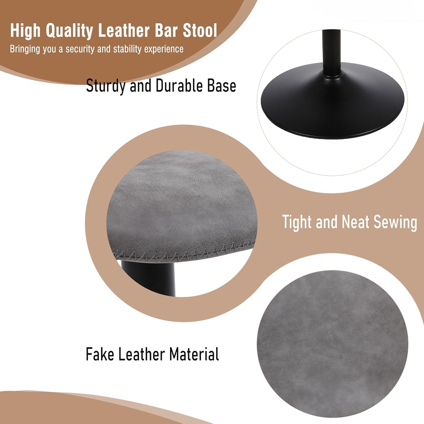 Bar Stools, Swivel Counter Height Barstools with Back, Adjustable Modern Bar Chairs, Tall Armless PU Leather Kitchen Island Stool (Grey, Set of 3)