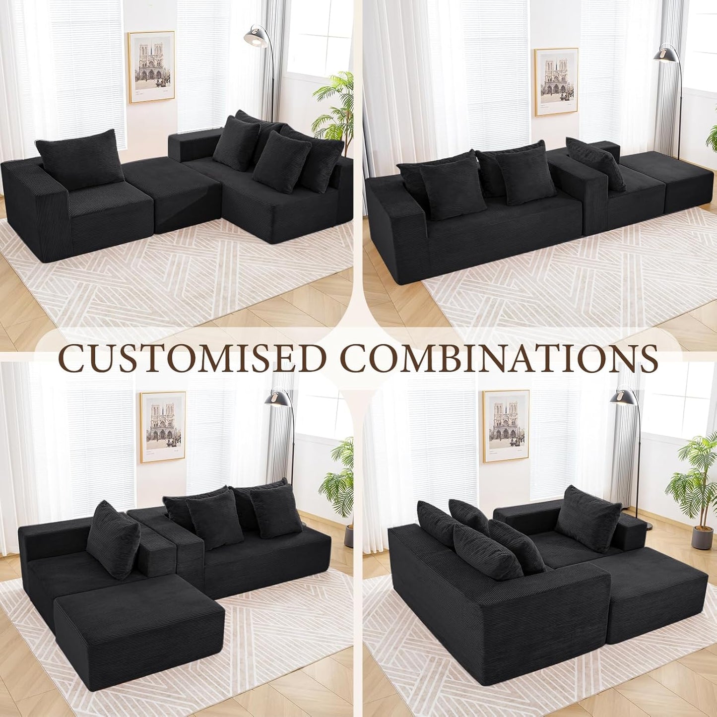 INGEROOM 108" Cloud Sectional Couch with L-Shape Chaise, Modular Sofa Memory Foam, Boneless Sofa with Movable Ottoman, Upholstered Couches for Living Room Bedroom, No Assembly Required, Black