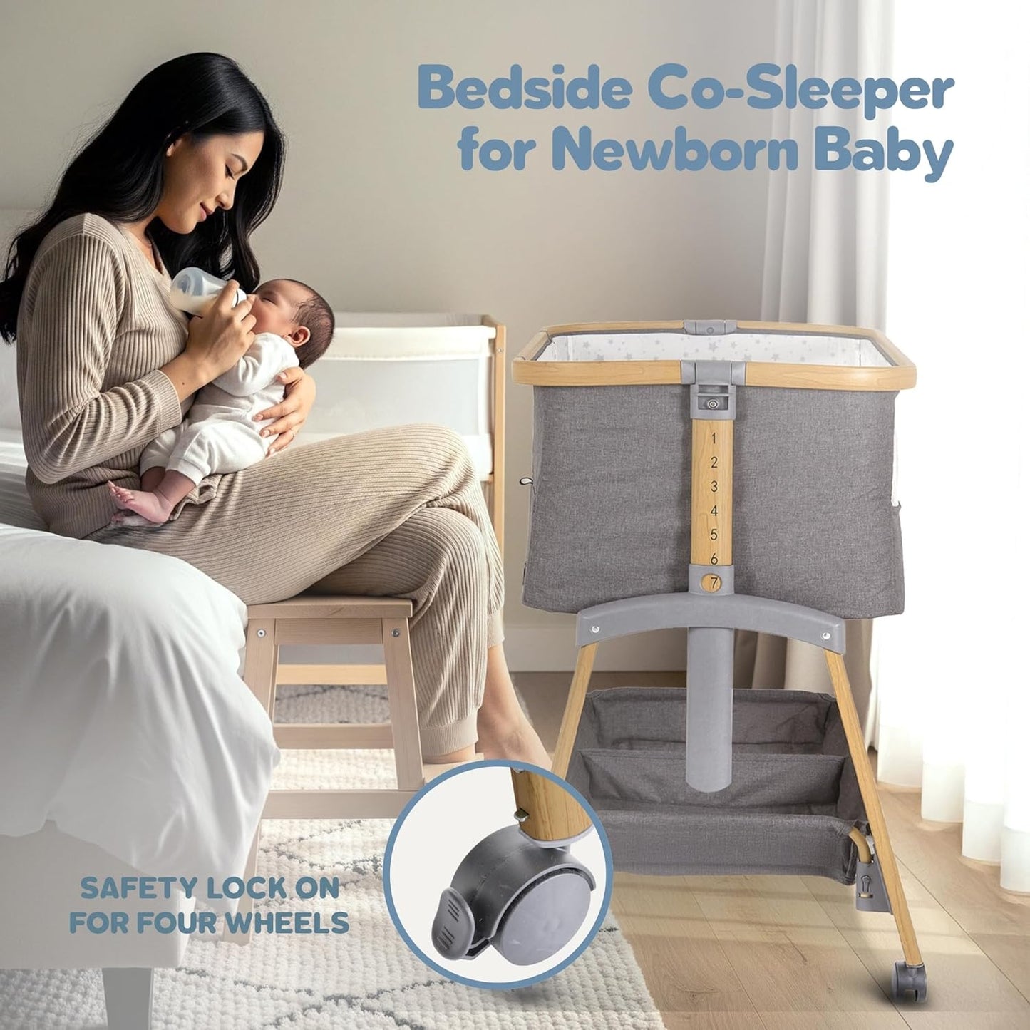 Baby Bassinet Bedside Sleeper, Portable Crib for Newborns, Adjustable 7-Height Auto-Lock, with Wheels, Soft Mattress & Breathable Mesh (Light Grey)