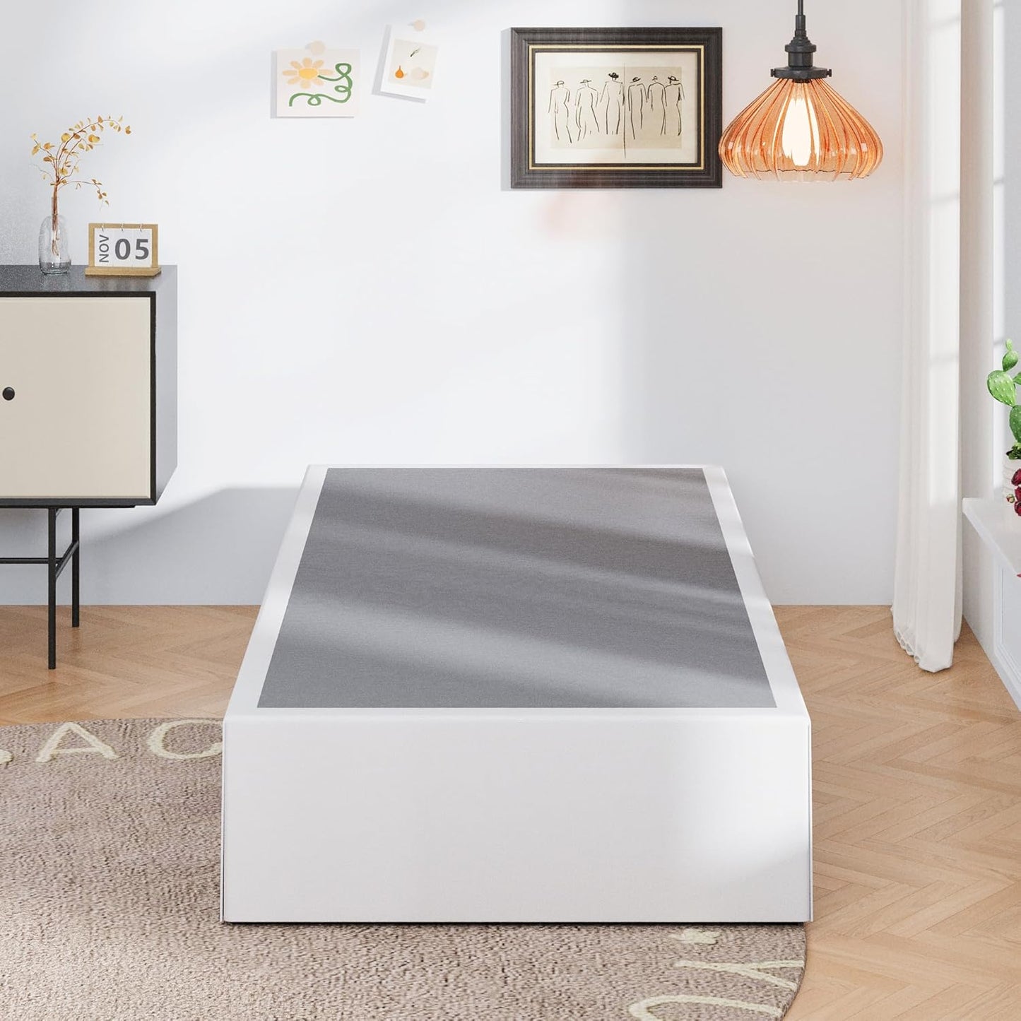 16 Inch Twin Bed Frames with White Skirt Cover, Metal Twin Size Bed Frame with Storage, Heavy Duty, No Box Spring Needed, Easy Assembly, Noise Free, Mattress Foundation