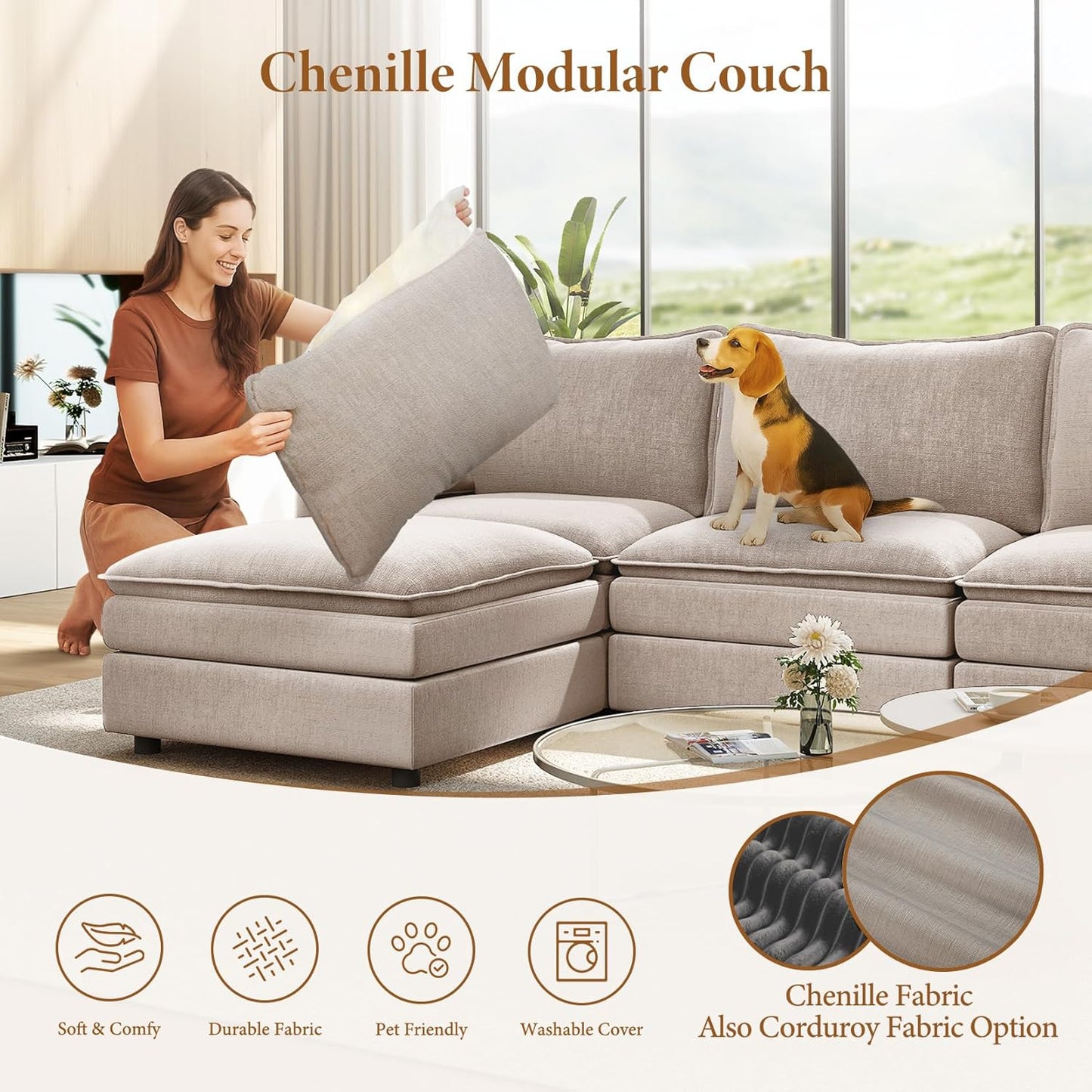 Vesgantti Large Modular Sectional Sofa, Big Comfy Cloud Couch with Ottoman Deep Seat Chenille Cloud Sofa, 8 Seater Large Sectional Couches for Living Room, Bedroom and Apartment, Light Brown