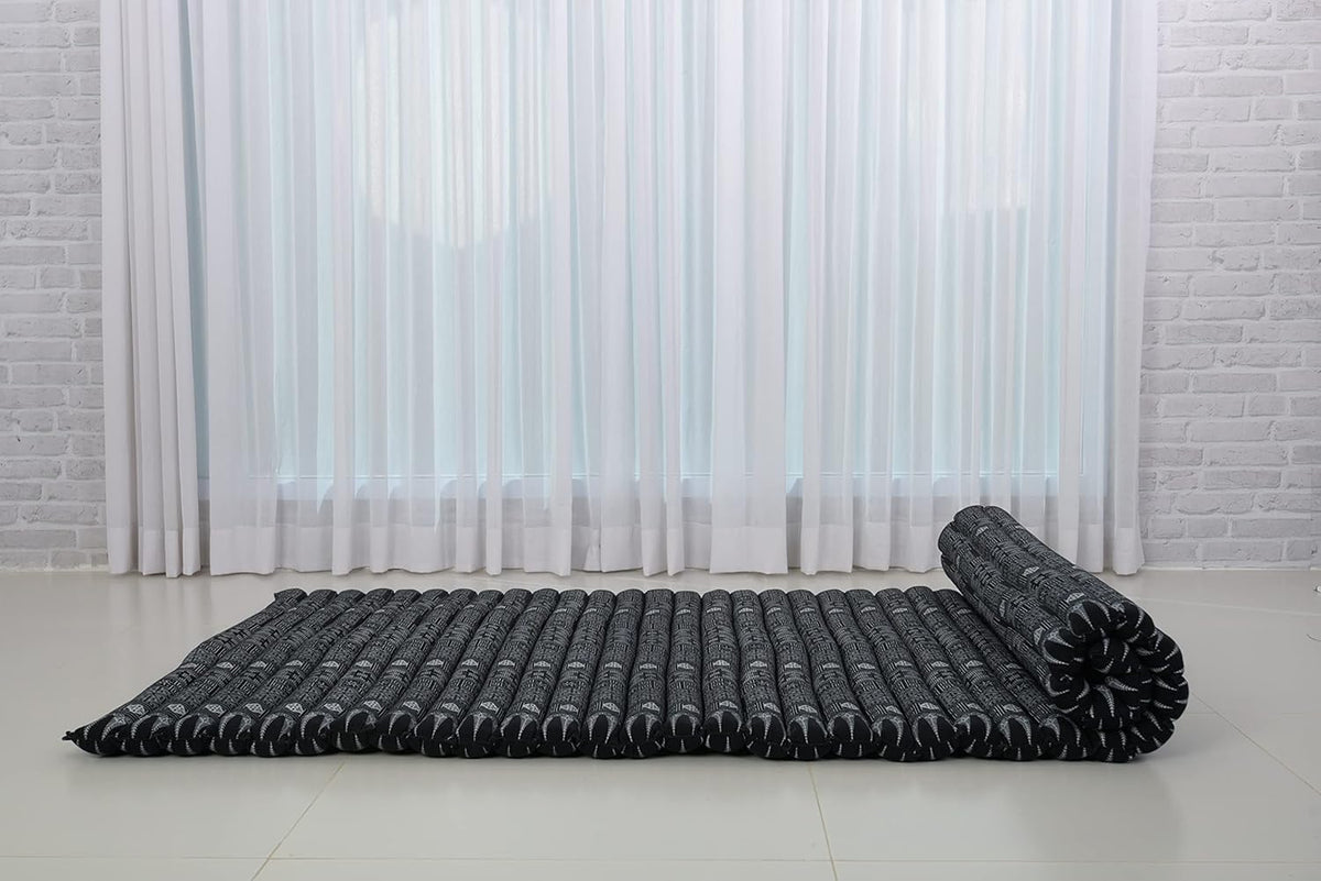 Leewadee - Kapok Roll Mat – Handcrafted Folding Sleep & Relaxation Mattress from Thailand, Ideal as Guest Bed, Camping Mat, Yoga Mat or Traditional Futon, 75 x 39 inches, Black