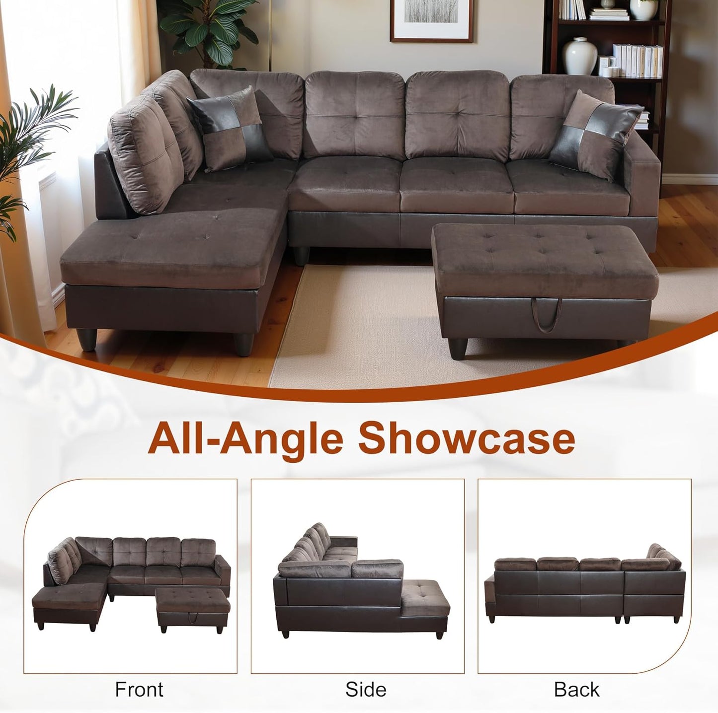 Osparple L Shaped Couch Sectional Couches for Living Room Upholstered Flannel 3 Pieces Modular Sectional Sofa with Chaise, Ottoman with Storage for Living Room and Small Apartment, Deep Brown