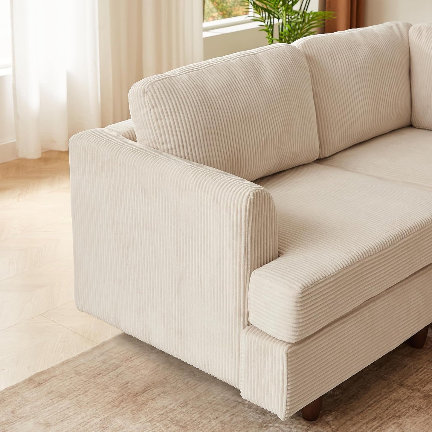 127.5" L/U-Shaped Sectional Couch with Movable Ottoman & 6 Removable Back Cushion, Corduroy Fabric Upholstered 6 Seat Modular Sleeper Sofa,DIY Free Combination Couches for Living Room,Beige