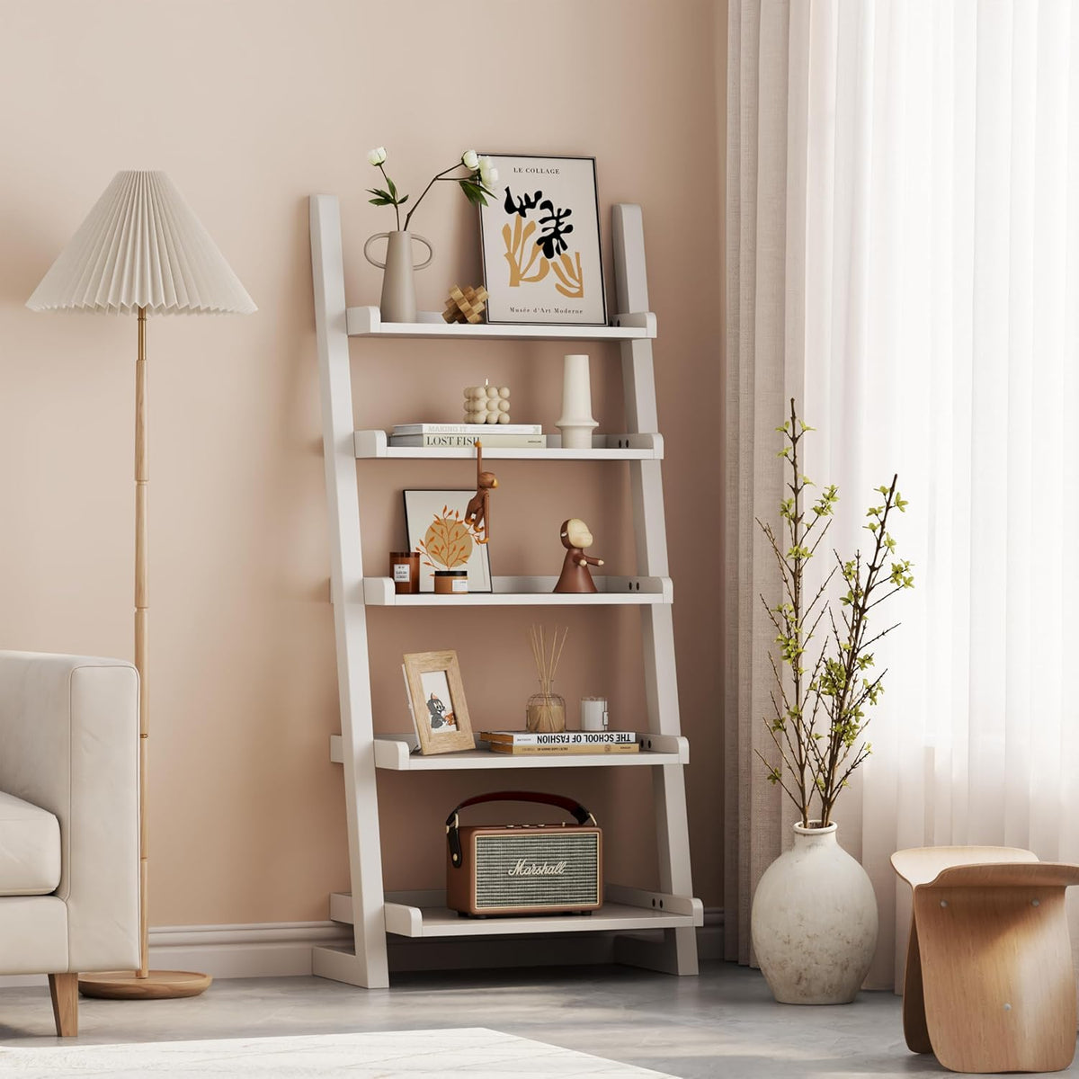 White Wooden Ladder Shelf with Edges, 5-Tier Modern Leaning Bookshelf Ladder β Stylish Space-Saving Bookcase for Living Room, Bedroom & Home Office