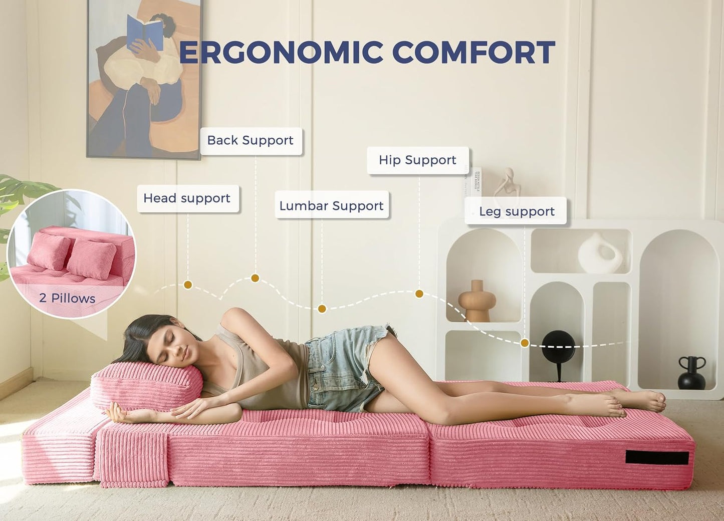 MAXYOYO Convertible Sofa Bed, Fold Out Loveseat Sleeper Sofa with Pillow, 4 in 1 Tufted Folding Couch Bed Foam Floor Couch, Lazy Chair for Living Room Bedroom Guest Room, Pink