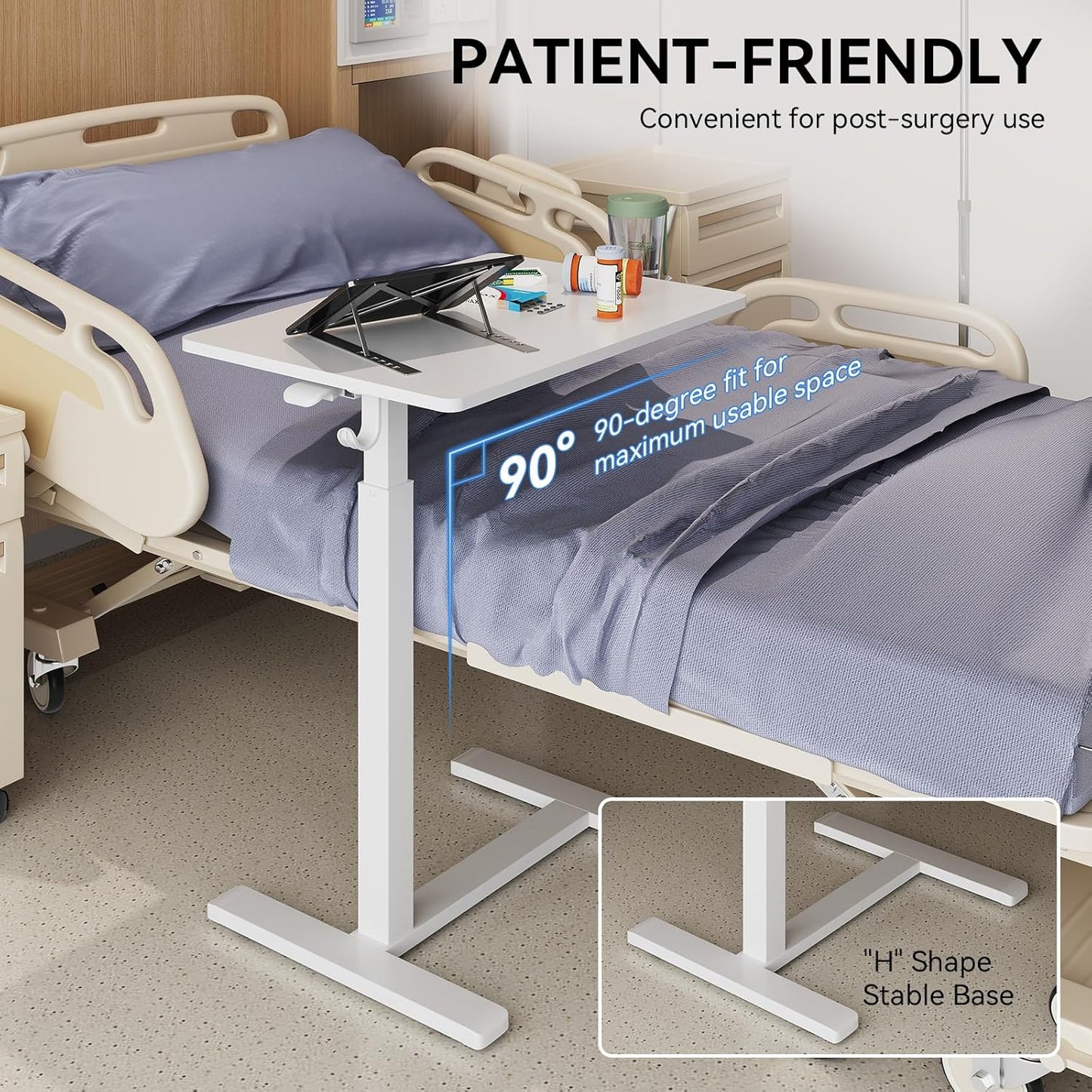 Gas Spring Adjustable Height Rolling Portable Laptop Desk, Mobile Standing Desk on Wheels, Small Sit Stand Desk with Laptop Stand/Cup Holder/Hook (White, 26"x19")