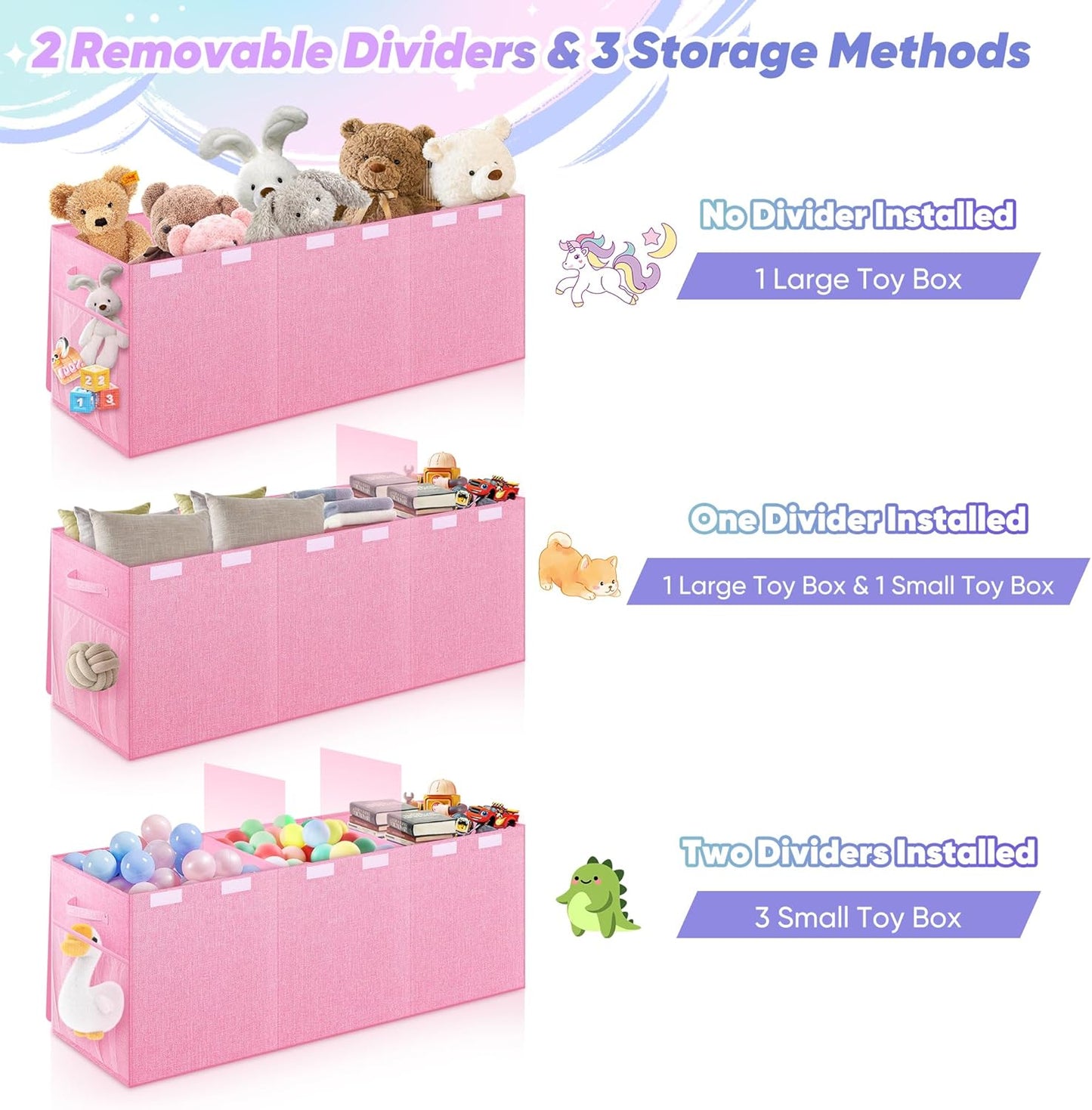 Extra Large Toy Box, Toybox for Kids Boys Girls, Collapsible Sturdy Toy Storage Organizer with Mesh Pockets, 40"x14"x16" Kids Storage Boxes Bins Baskets for Nursery, Playroom, Pink