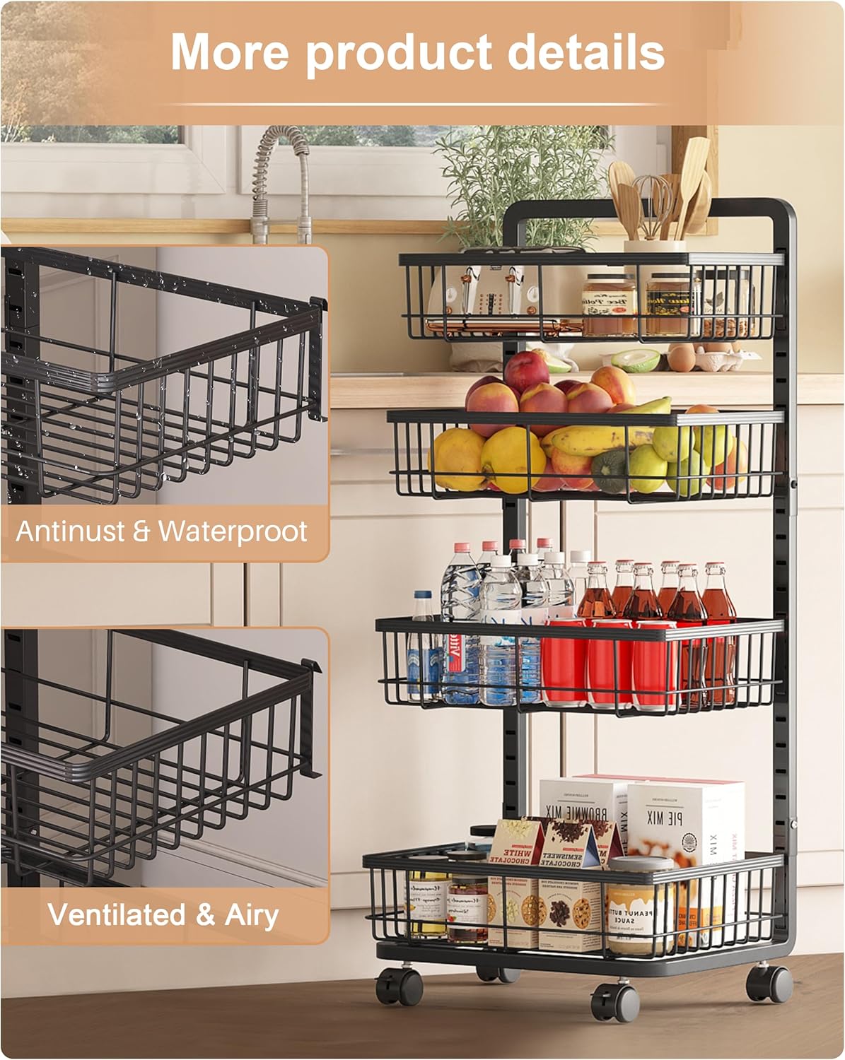 UMDONX 4-Tier Kitchen Storage Cart Metal Snack Cart Adjustable Fruit Basket on Wheels Stand Baskets for Potato Onion Produce Black