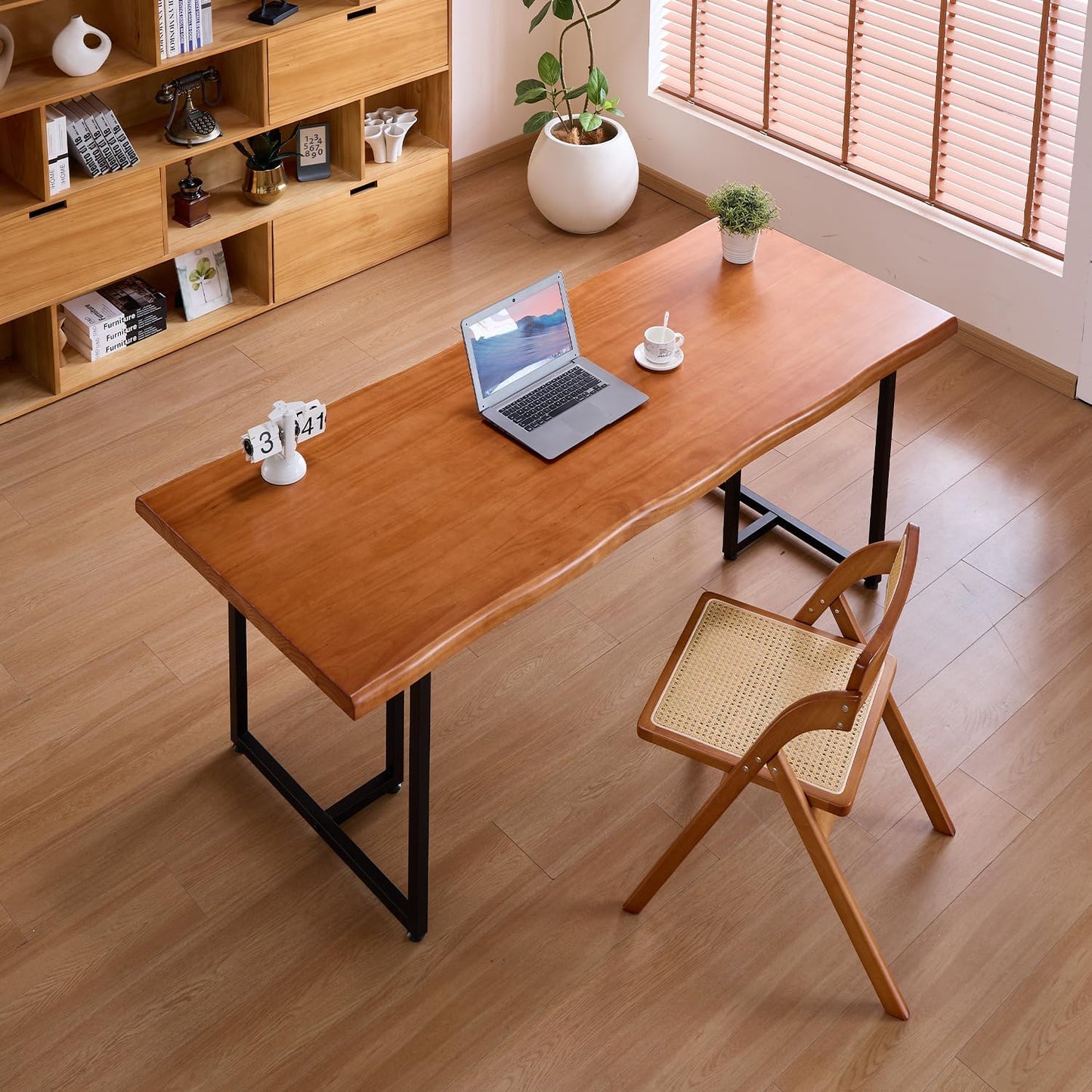 Solid Wood Administrative Desk, Dining Table with Durable Metal Legs, Uniquely Designed Leisure Table, Perfect for Restaurants and Home Offices, (Wood Brown, 62.99in)