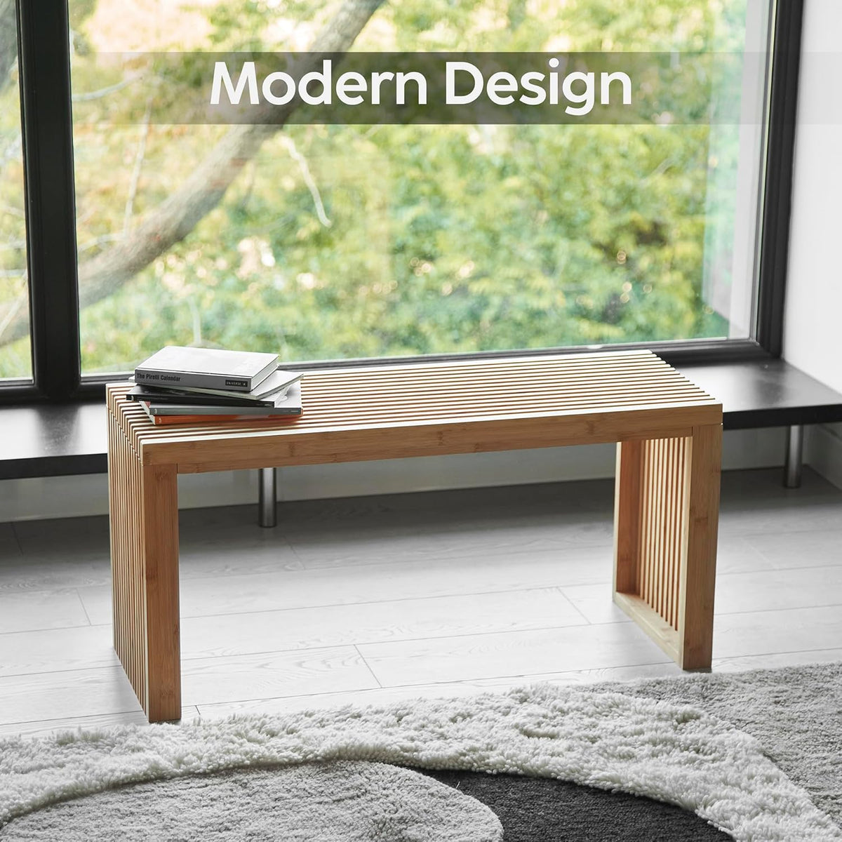 Bamboo Natural 36 inch Wooden Bench, Small Wood Benches for Entryway, Living & Dining Room, Kitchen, Bedroom, Bathroom, Hallway, Front Door, For Indoor & Outdoor Patio Use, Mid Century Modern Decor