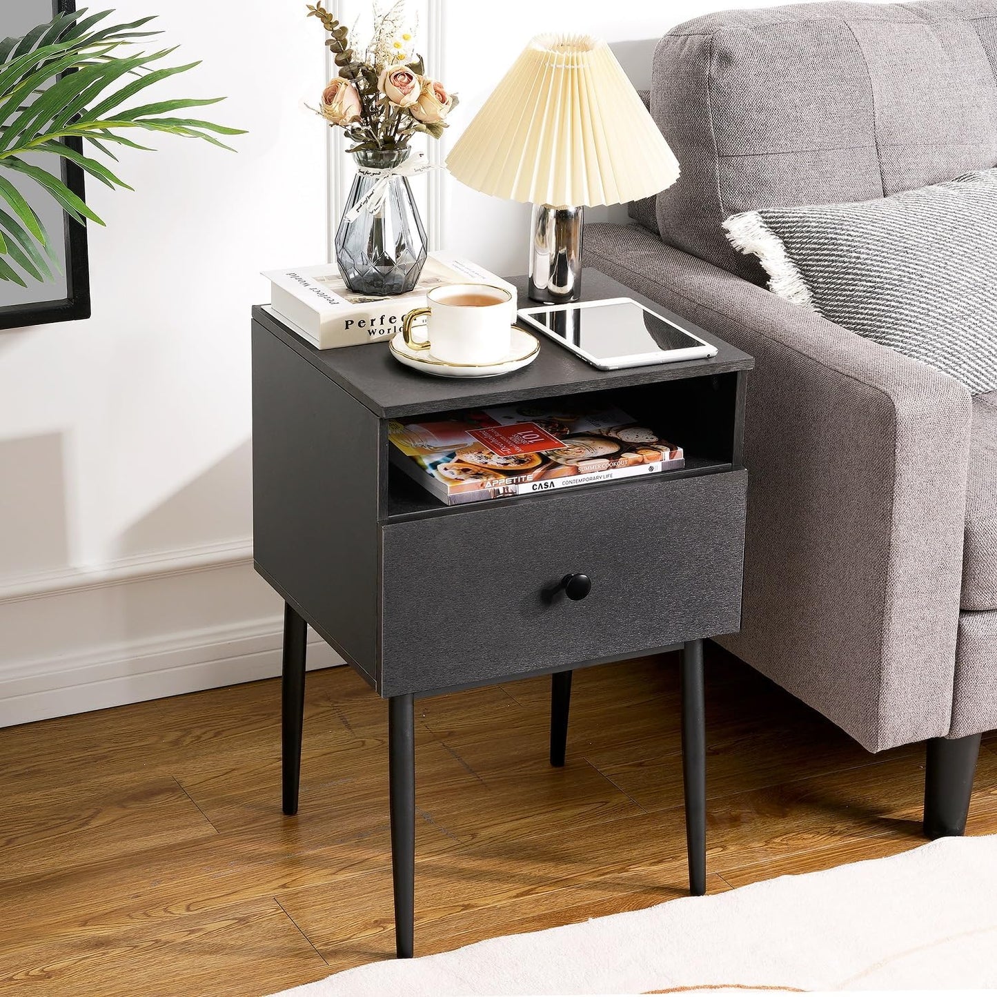 VECELO Modern Nightstands Set of 2,Square End Side Table with Drawer and Storage Space for Bedroom and Living Room