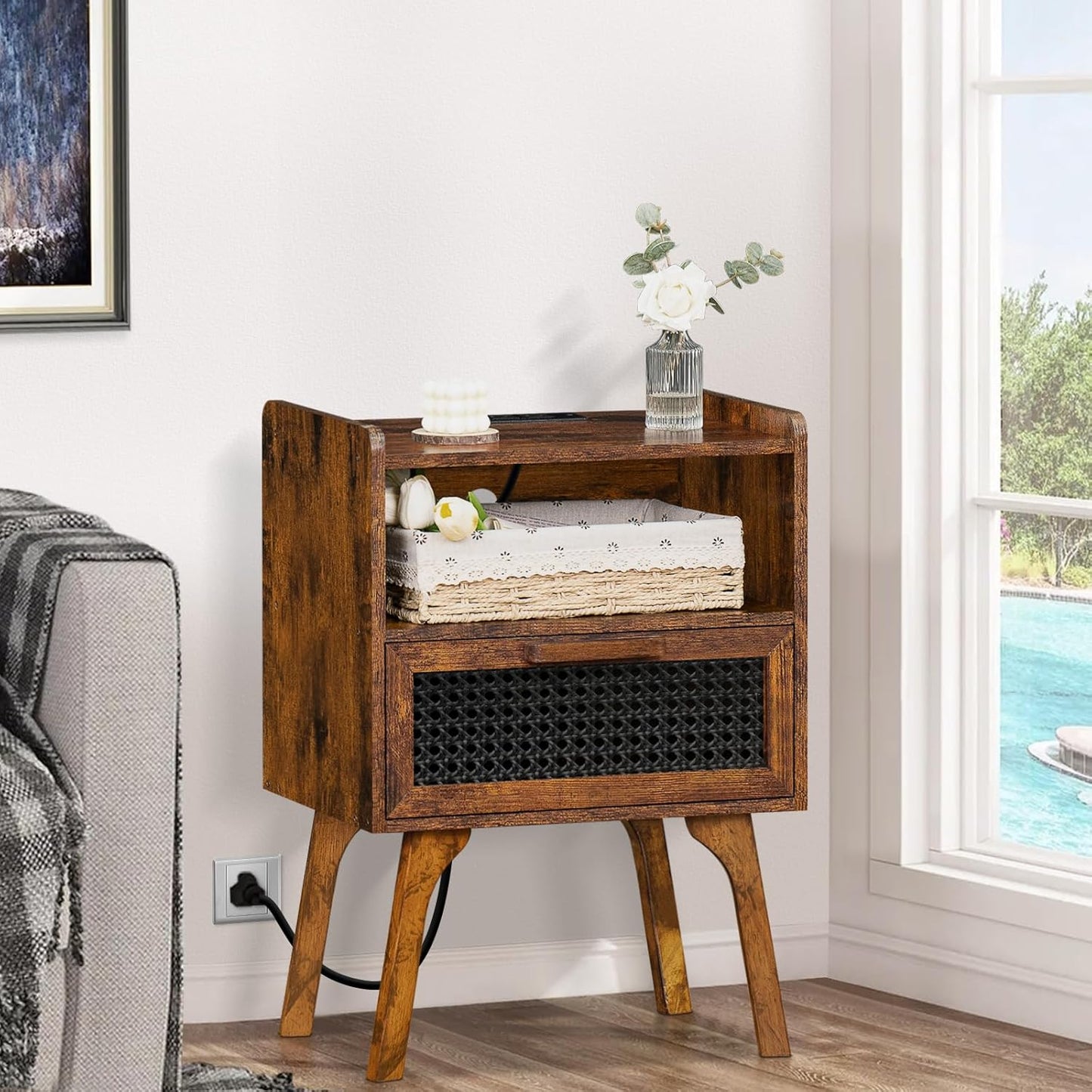 Lerliuo Rattan Nightstand with Charging Station, Side Table with Drawer Open Shelf, Cane Accent Bedside End Table with Solid Wood Legs, Night Stand for Bedroom, Dorm and Small Spaces (Brown)
