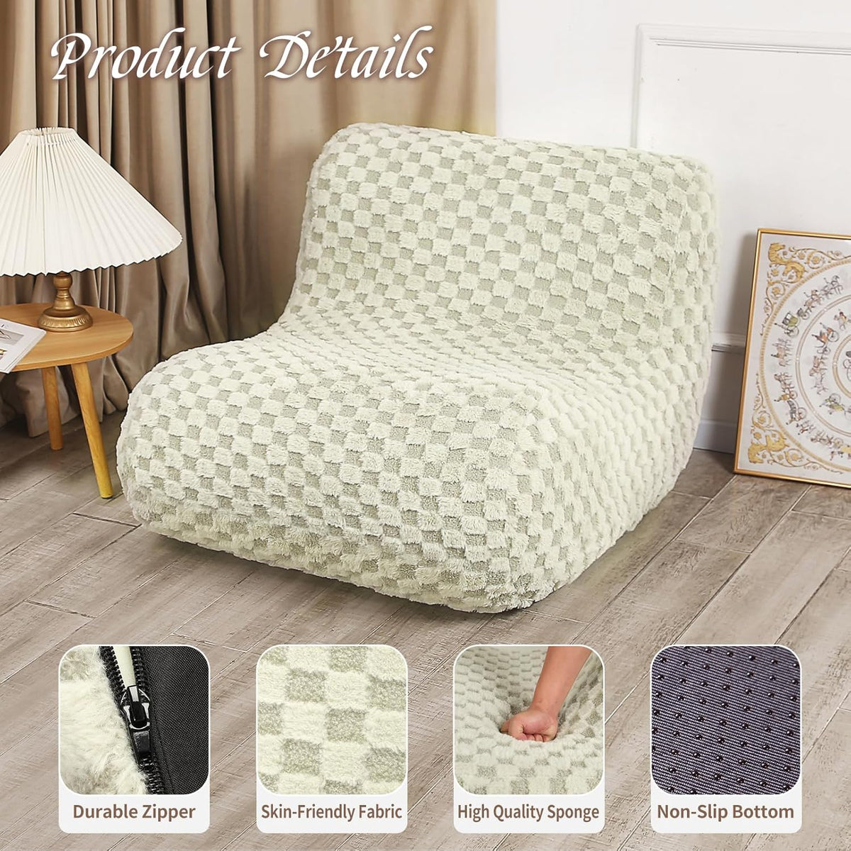 Bean Bag Chairs for Adults, Comfy Floor Sofa with Memory Foam, Giant Bean Bag Couch for Living Room Bedroom Dorm Office, Green